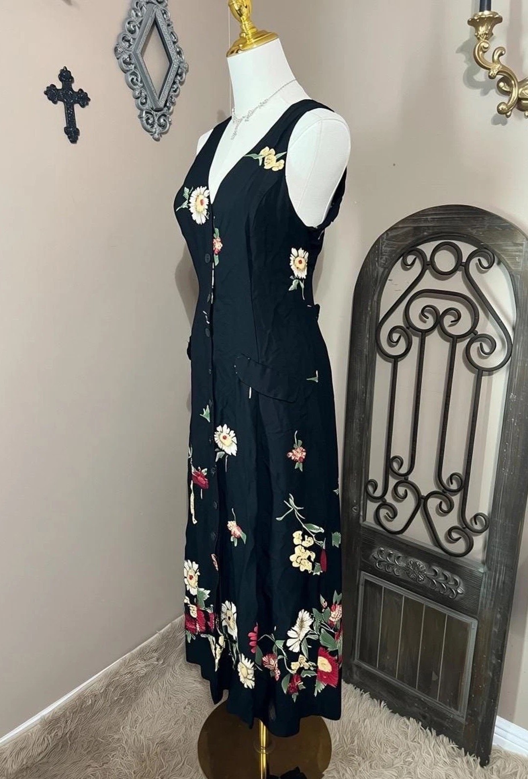 Vintage 90s Black Floral Button Down Tank Dress Cottagecore Boho Grunge Size L