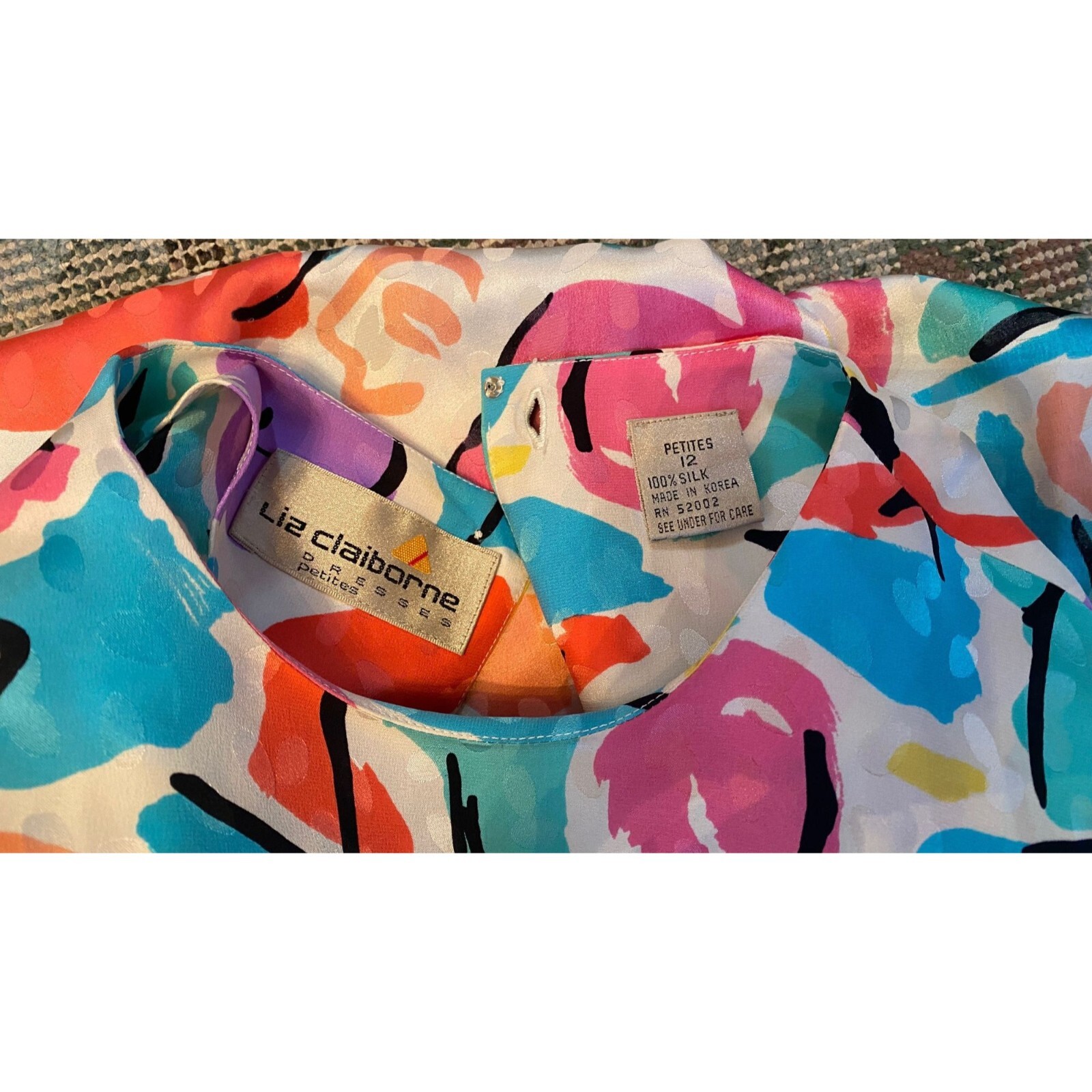 VTG Liz Claiborne Dress flower Sz P S M floral pastel silk 29″ waist 4 6 8