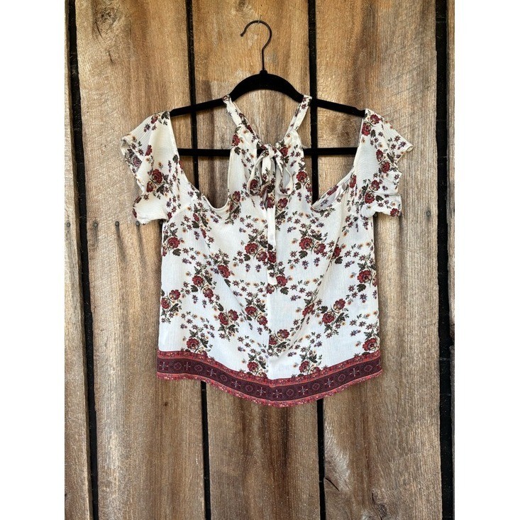 Chloe & Katie Floral Crop Top XS Boho Cottagecore Tie Front Cold Shoulder Rayon
