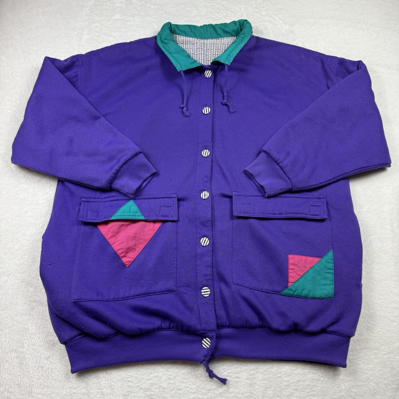 VTG 80s 90s Colorblock Fleece Jacket Purple Teal Pink Geometric Women’s L