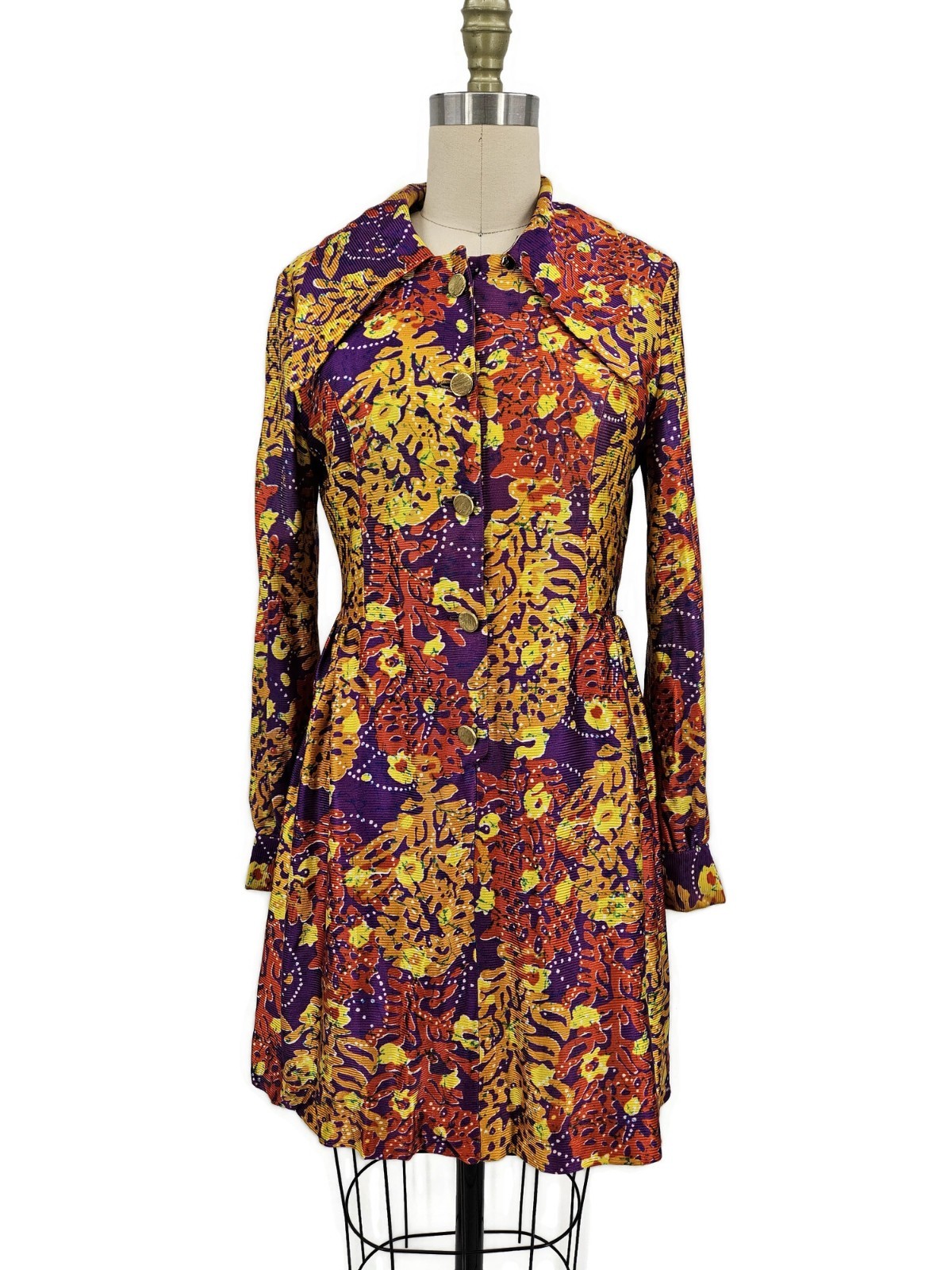 VTG Joseph Magnin Mod Mini Dress Womens 11 Long Sleeve Floral Large Collar