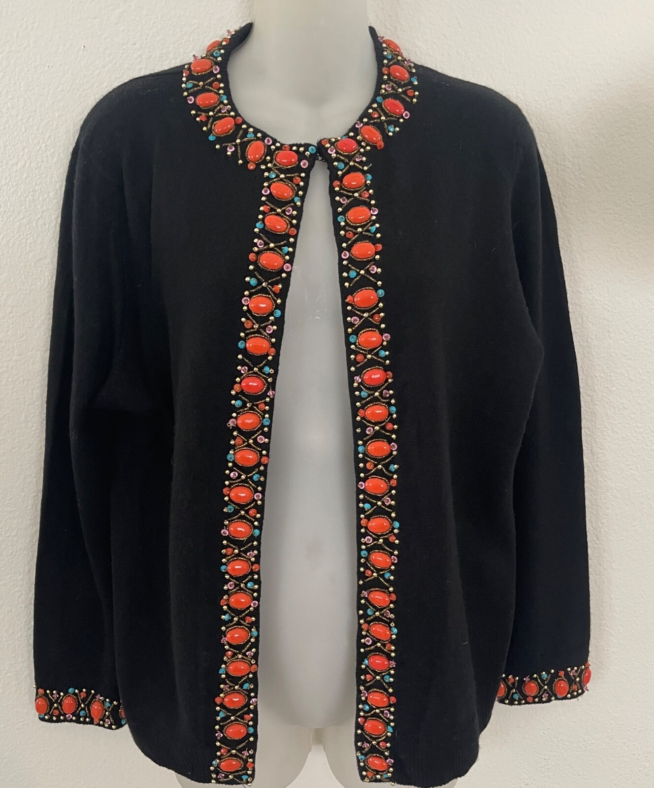 CERVELLE Sweater Beaded Embellished Open Cardigan Ramie Cotton Black Vintage L