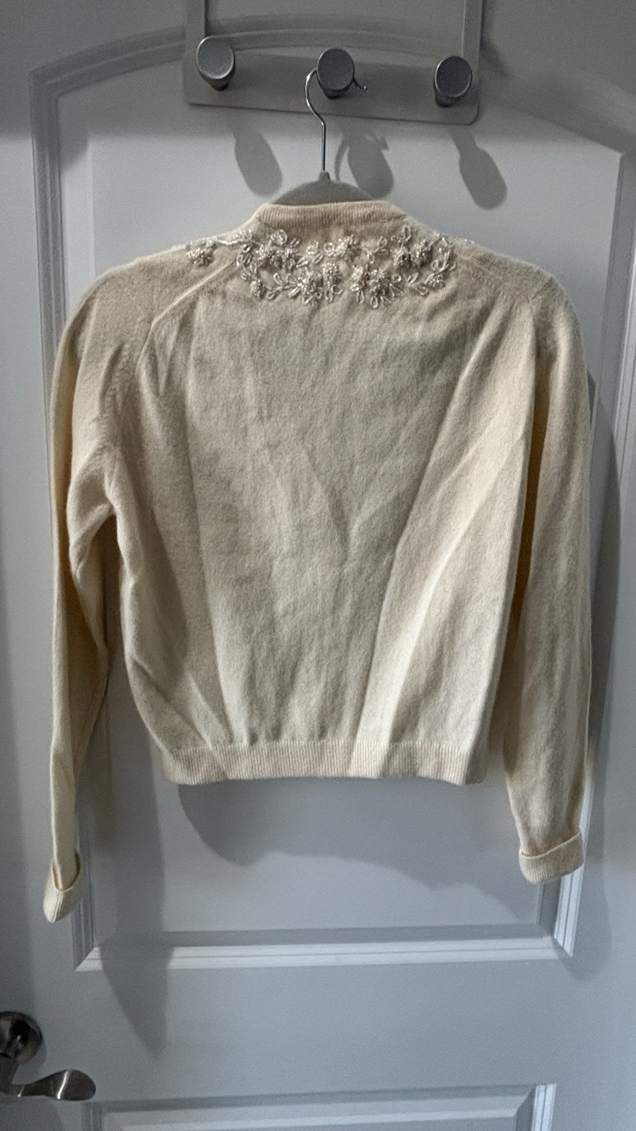 Vintage 1950s Cream Ivory Beaded Cardigan Sweater Pearl Floral Hand Embroidered
