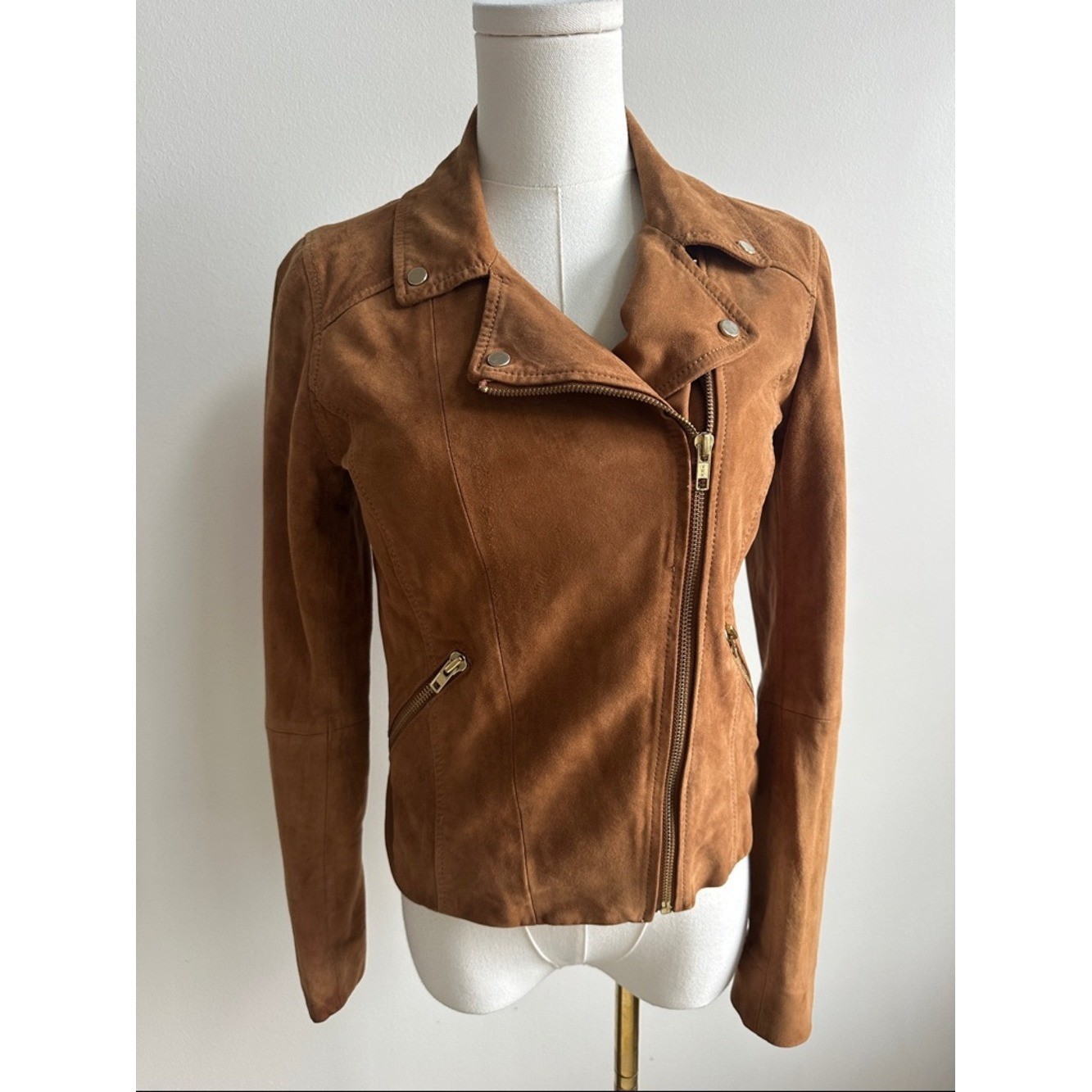 Vintage Y2K Chelsea 28 Suede Leather Womens Moto Jacket Camel XS Tailored