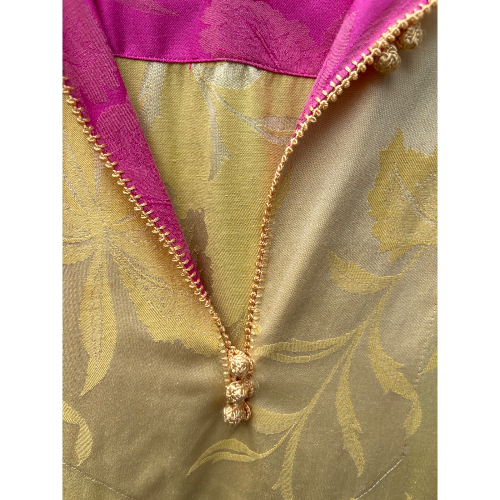 Vintage 100% Cotton Fernando Sanchez Kaftan Yellow Pink Floral Damask Robe Maxi