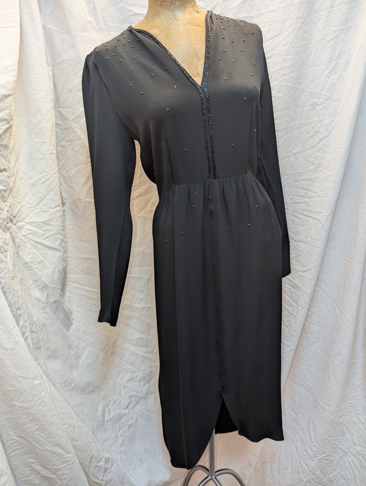 1980s 40s Style Black Rayon Beaded Dress St. Gillian Kay Unger Size S