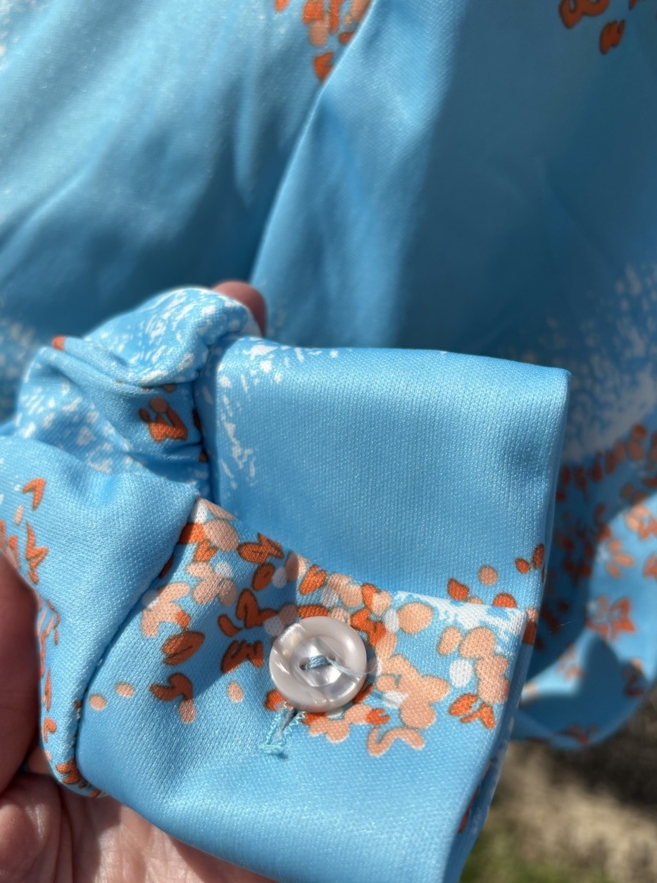 VTG 1970s Secretary Dress Pussy Cat Bow Fit Flair Midi Sz S B32 W26 Blue Orange