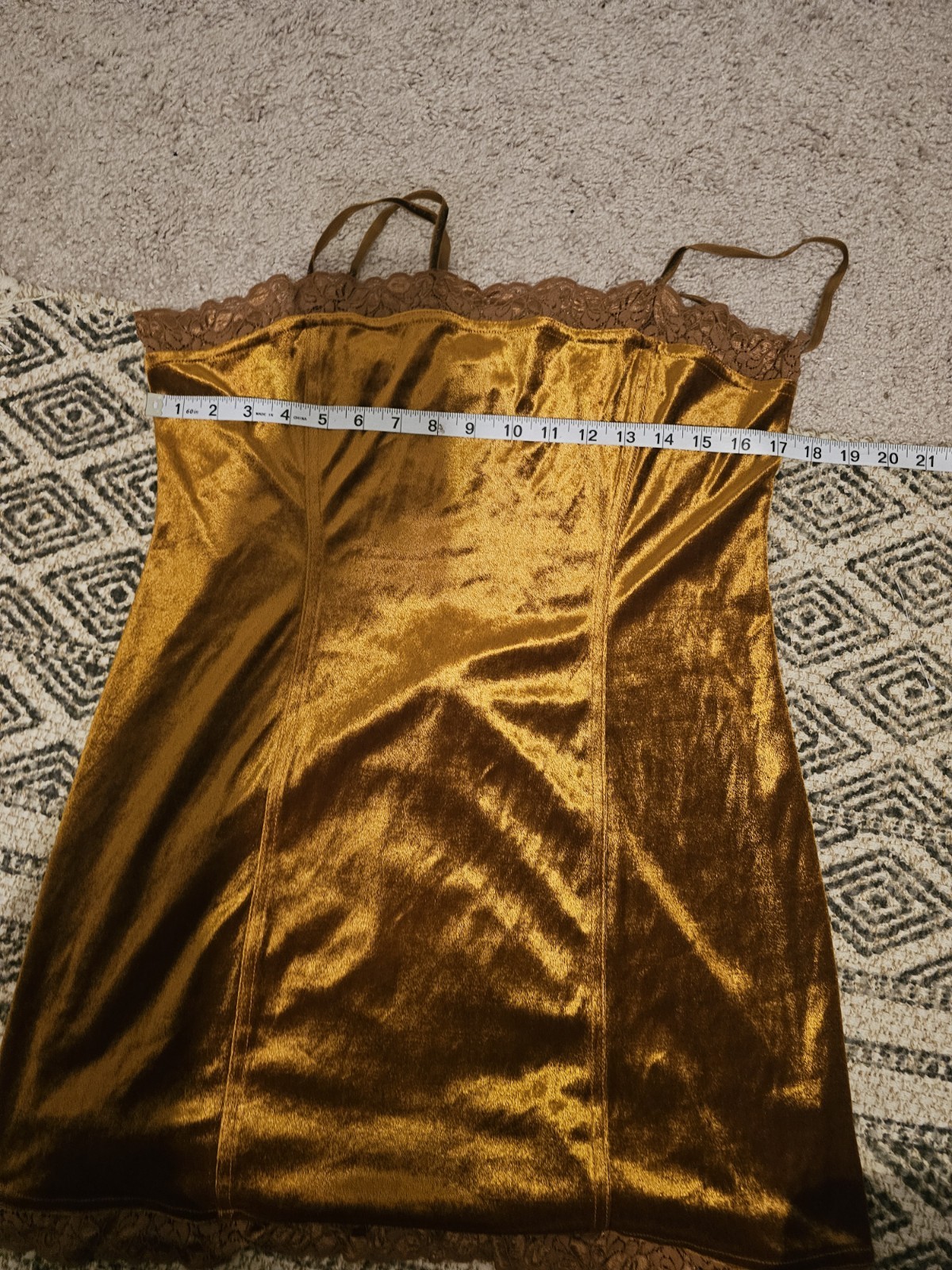 Vintage Vtg Delicates Dark Gold Velvet LingerieChemise Slip Lace Size M