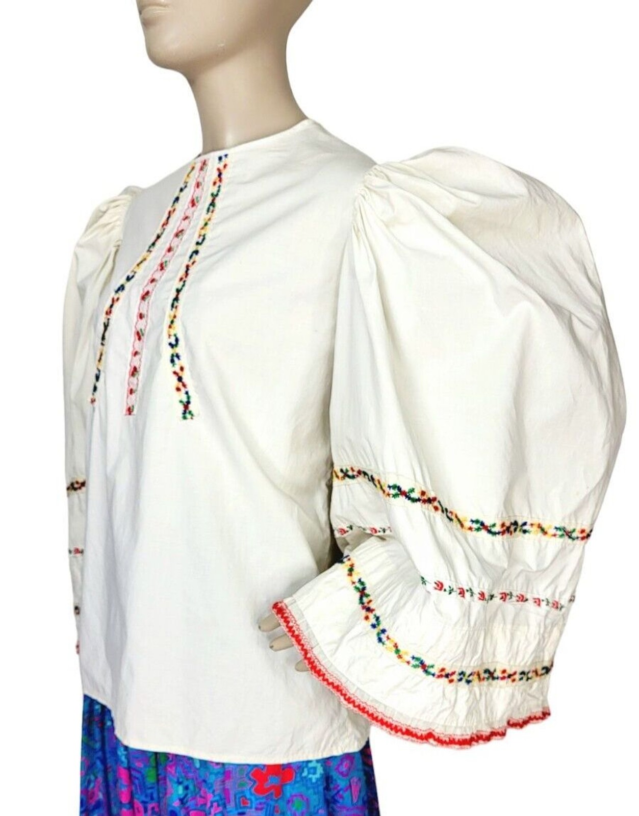 Antique Romanian Floral Embroidered Peasant Blouse Huge Statement Sleeves RARE