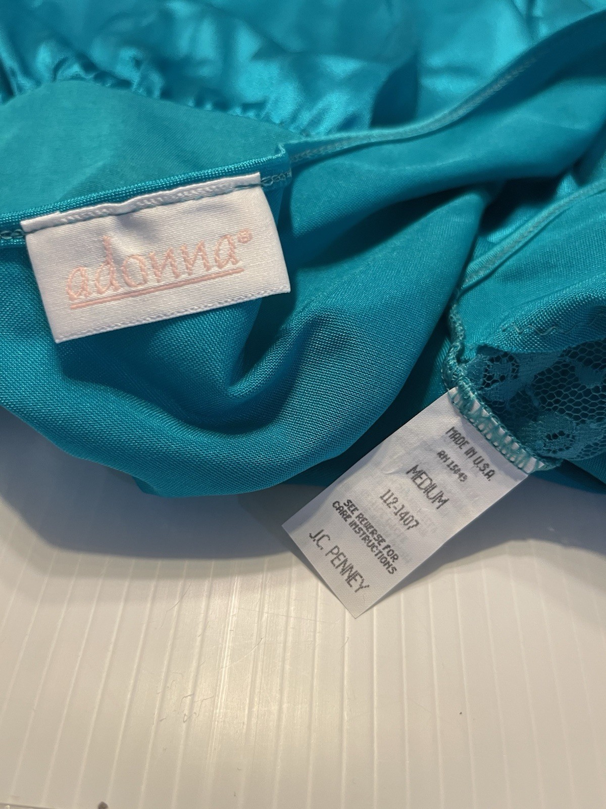 VTG Adonna Teal V Neck Nylon And Lace Silky Night Gown Lingerie Size Medium