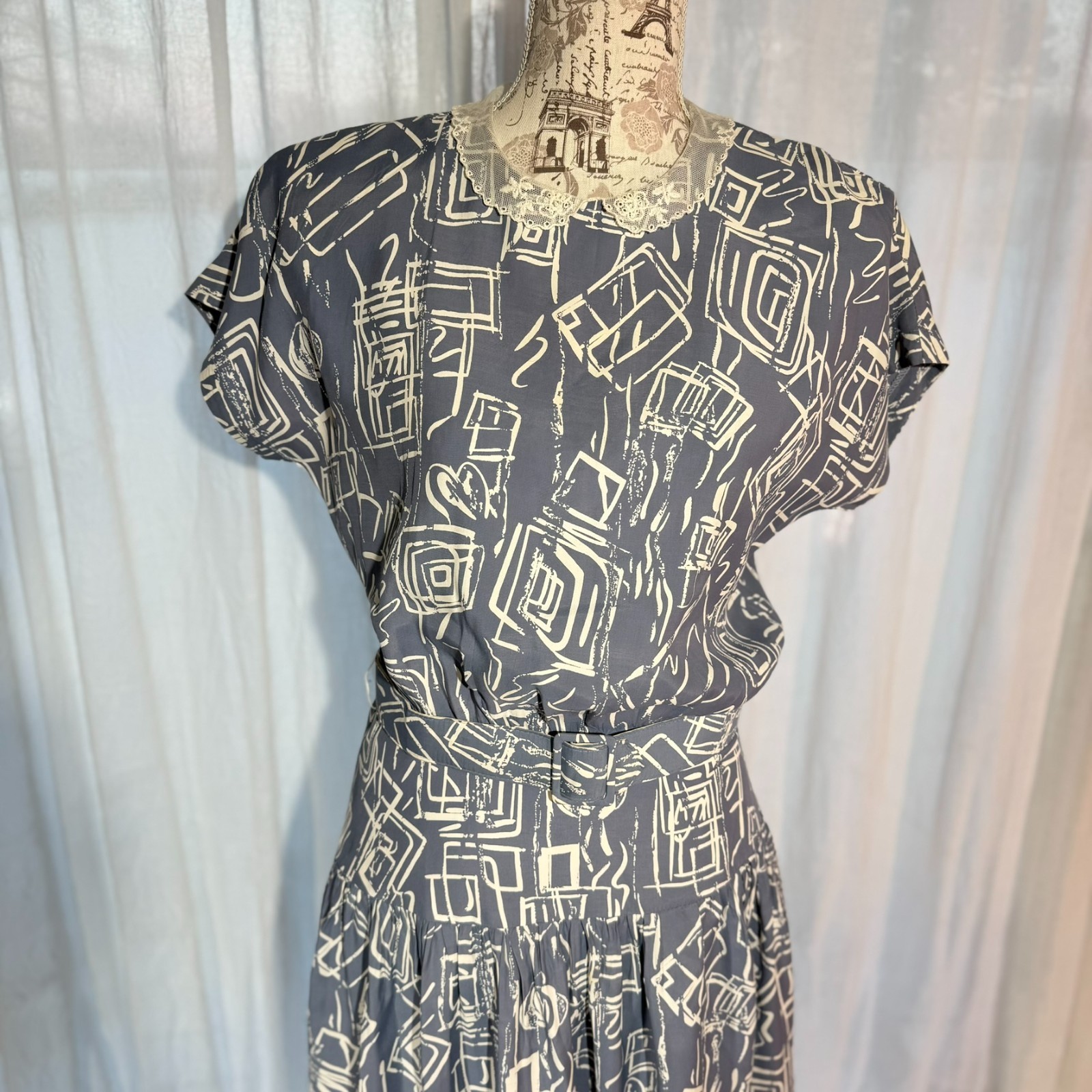 Vtg 80s Abstract Drop Waist Dress RAYON Belted LACE Ed Michaels 6 Preppy NewWave