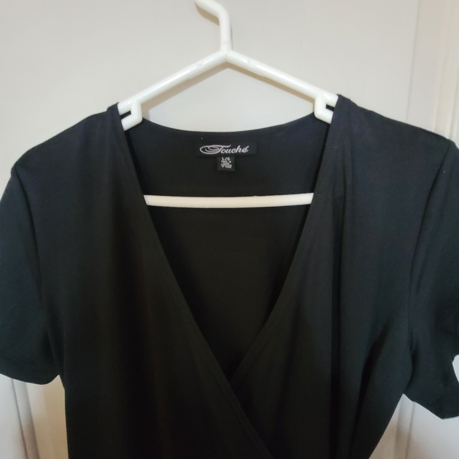 Vintage Black „Faux” Fake Wrap Dress Short Sleeve TOUCHE’ Size Large Office