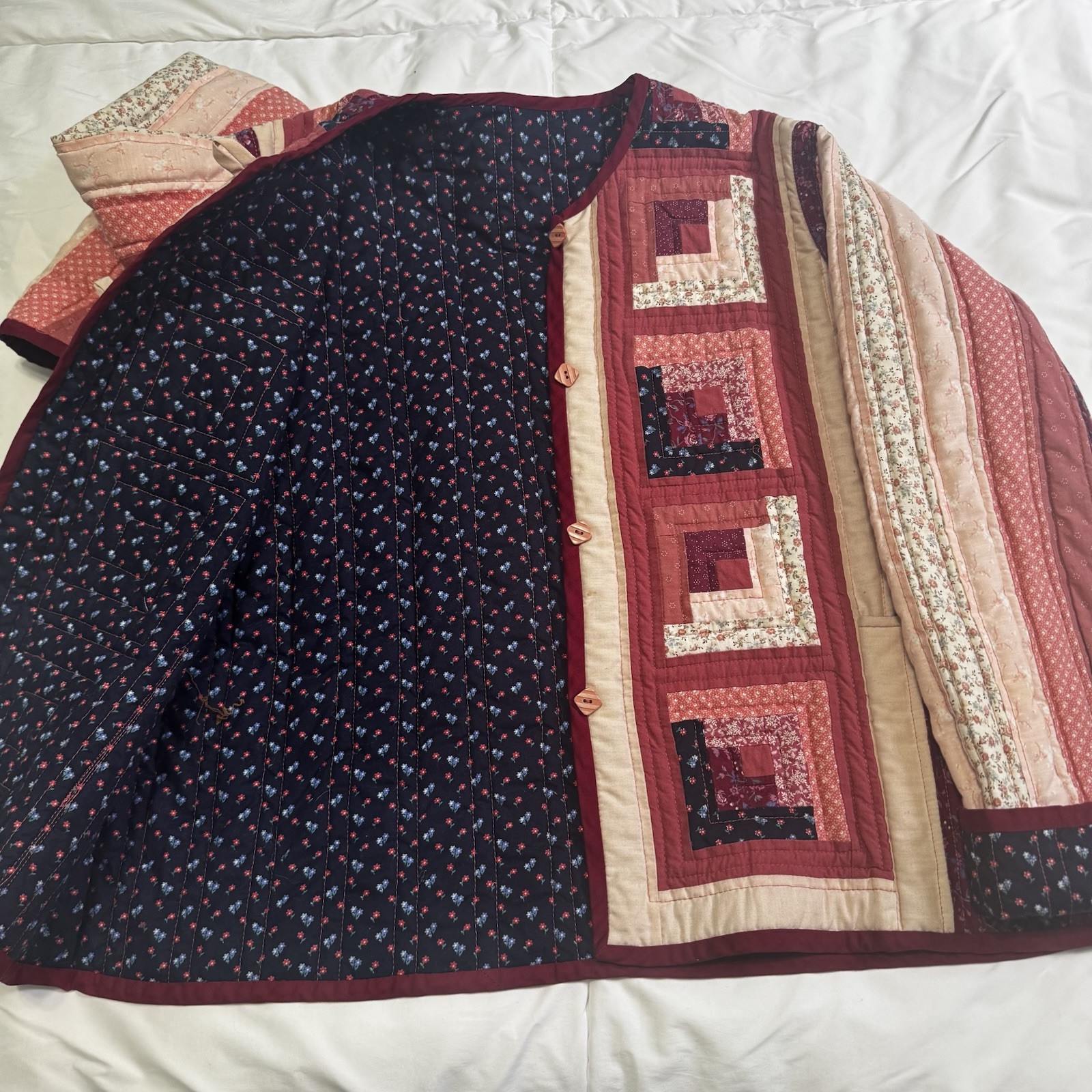 VTG 70s Handmade Patchwork Jacket L Quilted Boho Hippie Log Cabin Mauve & Navy