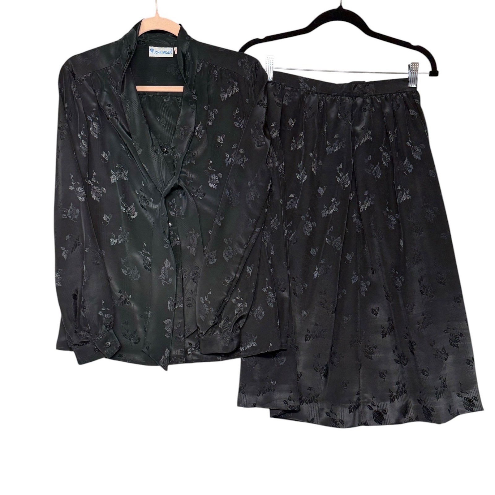 John Meyer Vintage 2-Piece Skirt Set Black Floral Jacquard Bow Blouse Sz 10