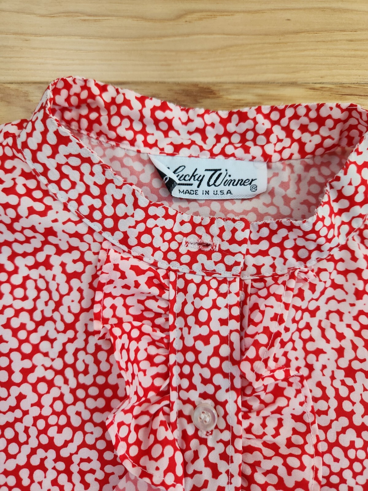 VINTAGE Lucky Winner 1970s Blouse Red And White Polka Dots Puff Sleeve Retro Top