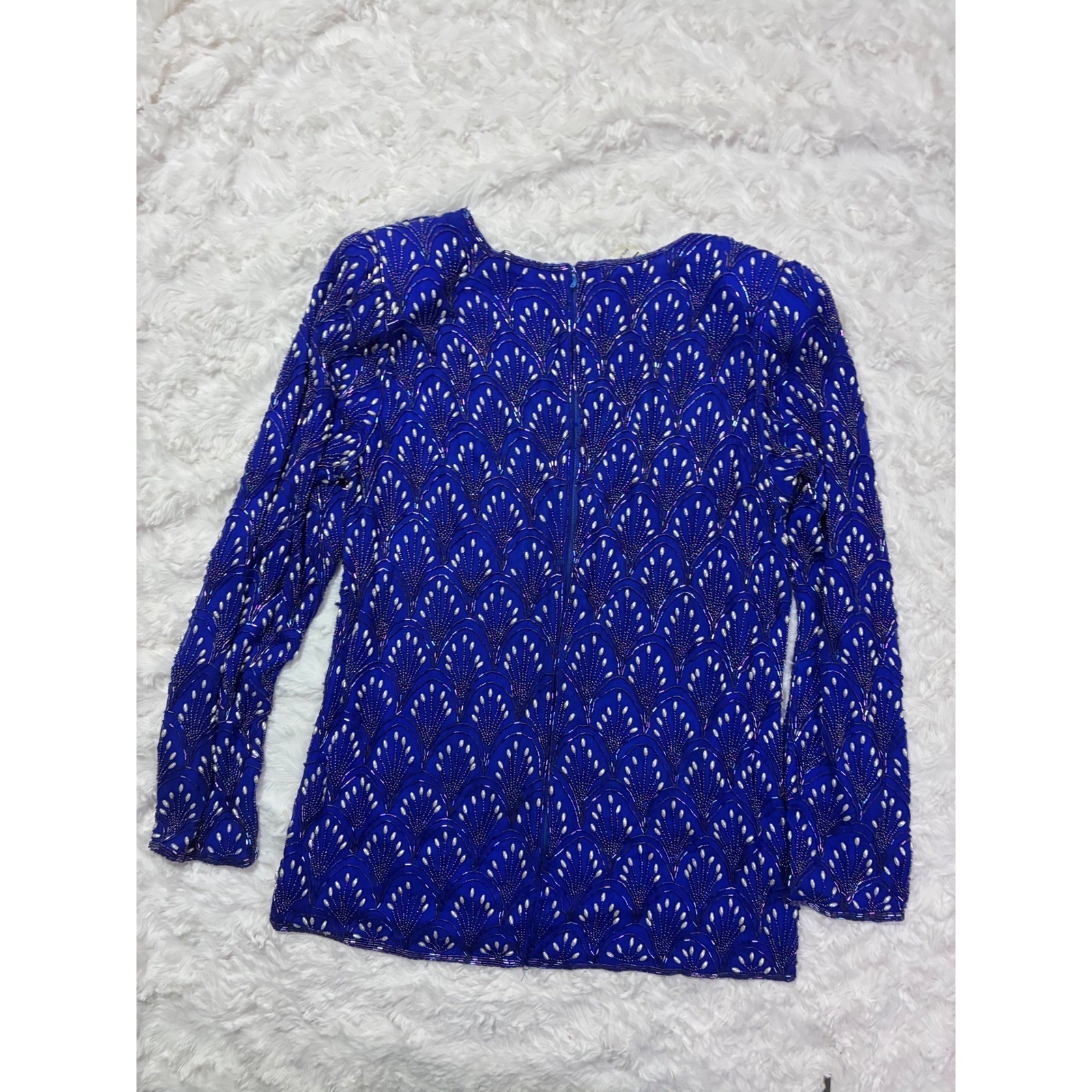 Vintage Royal Blue Silk Beaded Blouse Pearl Scallop Evening Top Small Elegant