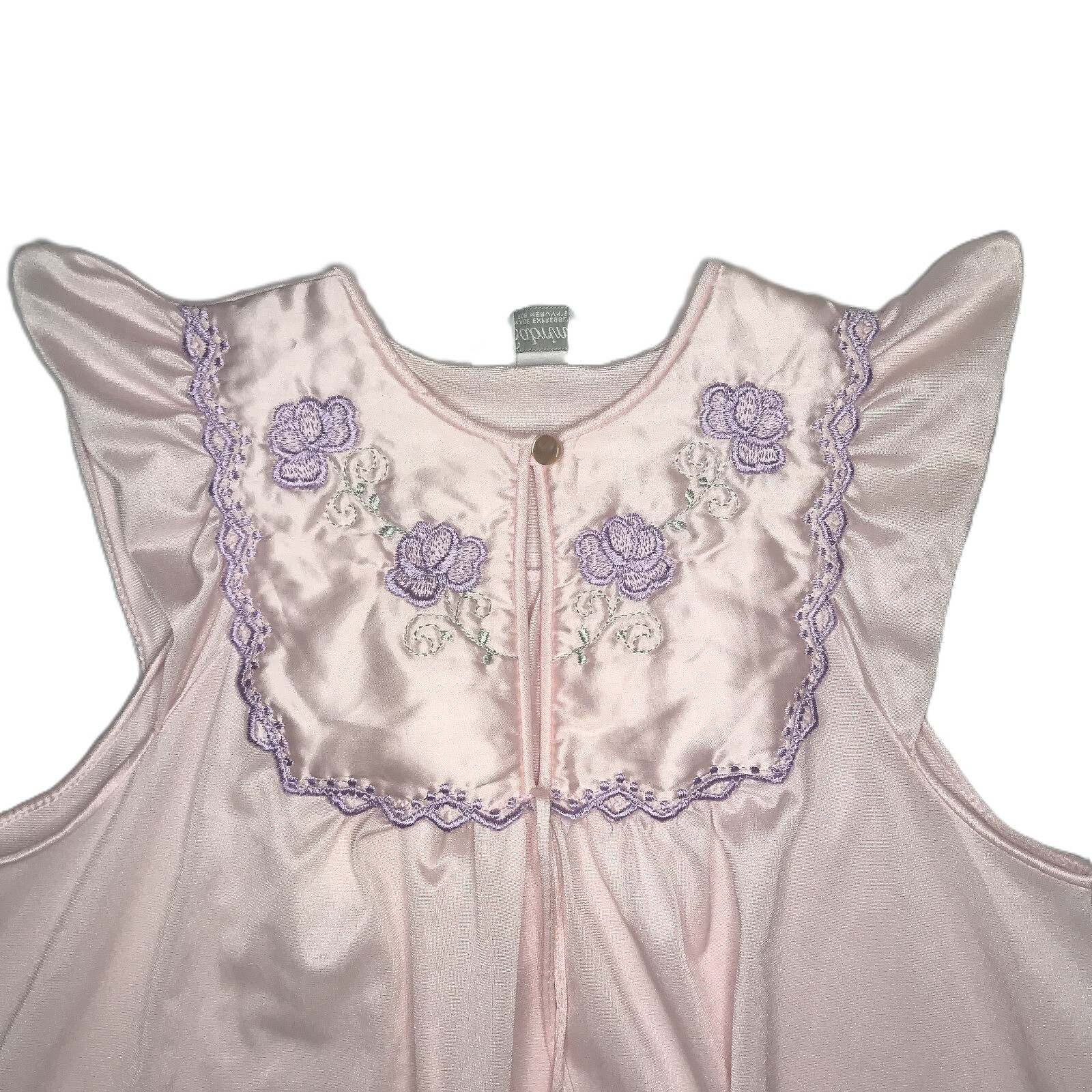 Vintage Sabrina By Mervyn’s Long Pink Nylon Night Gown w/ Embroidered Flowers