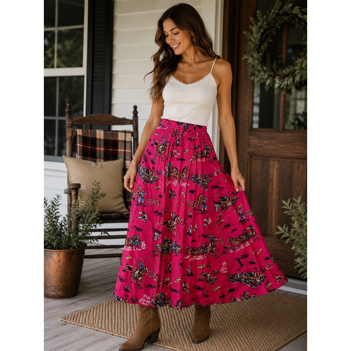 Vintage 90s Western Rodeo Horse Cowboy Print Pink Midi Skirt Womens M