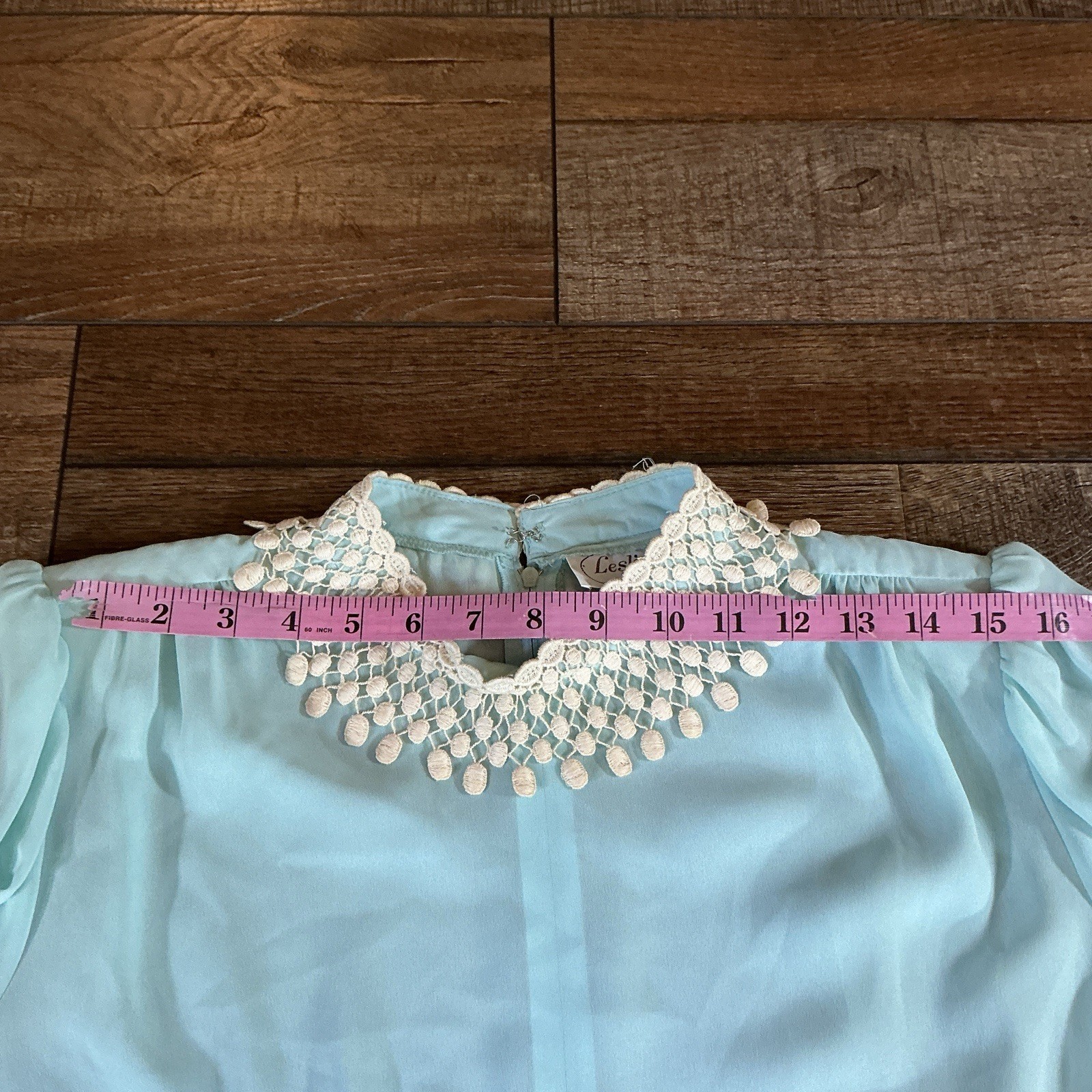 VTG Leslie Fay Petites Sz 14P Dress Mint Green Crochet Fringe Collar Peplum #41F