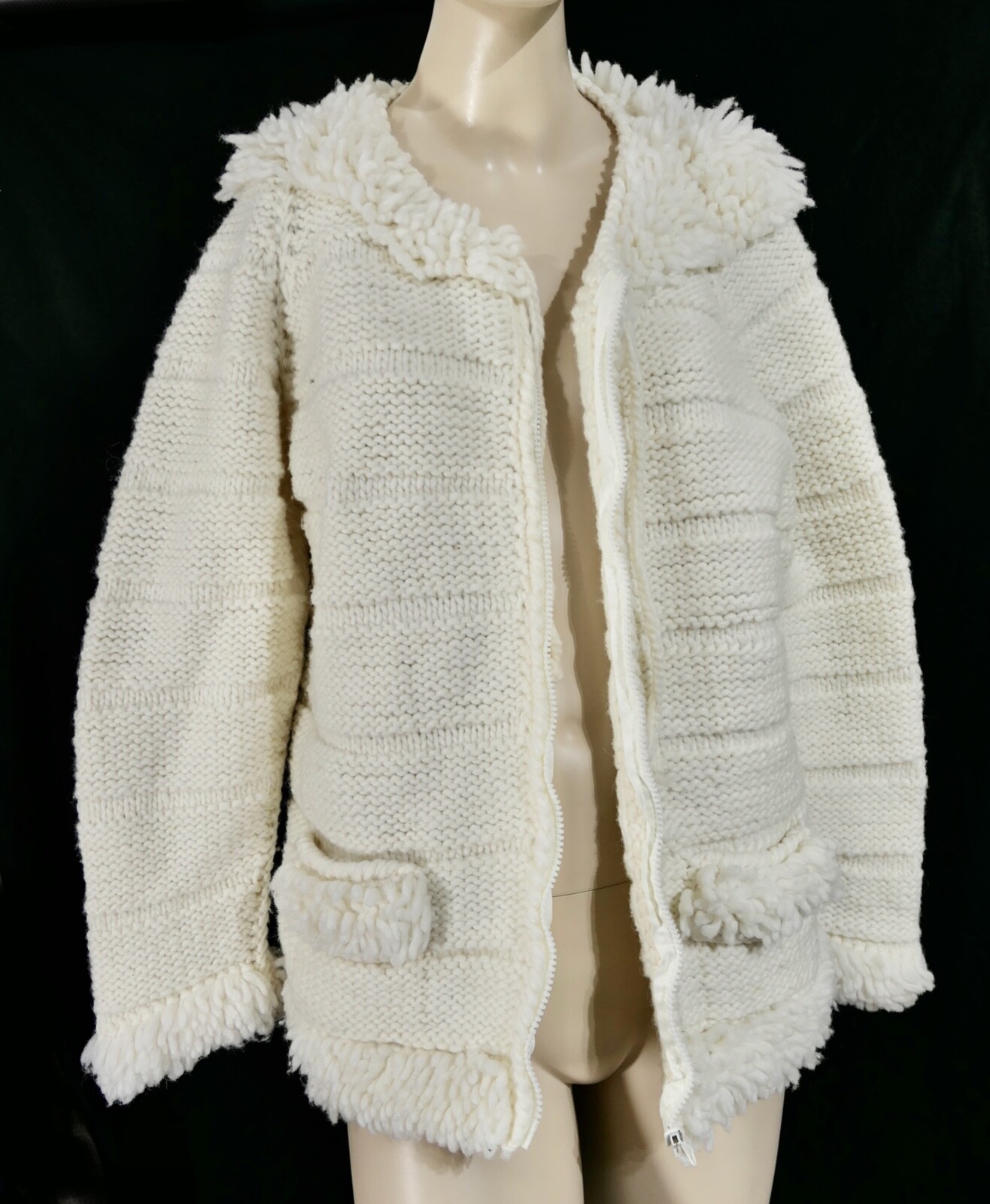 Vintage 70s Mod Hippy White Fringe Machine Wash Wool Sweater Jacket Equador M/L