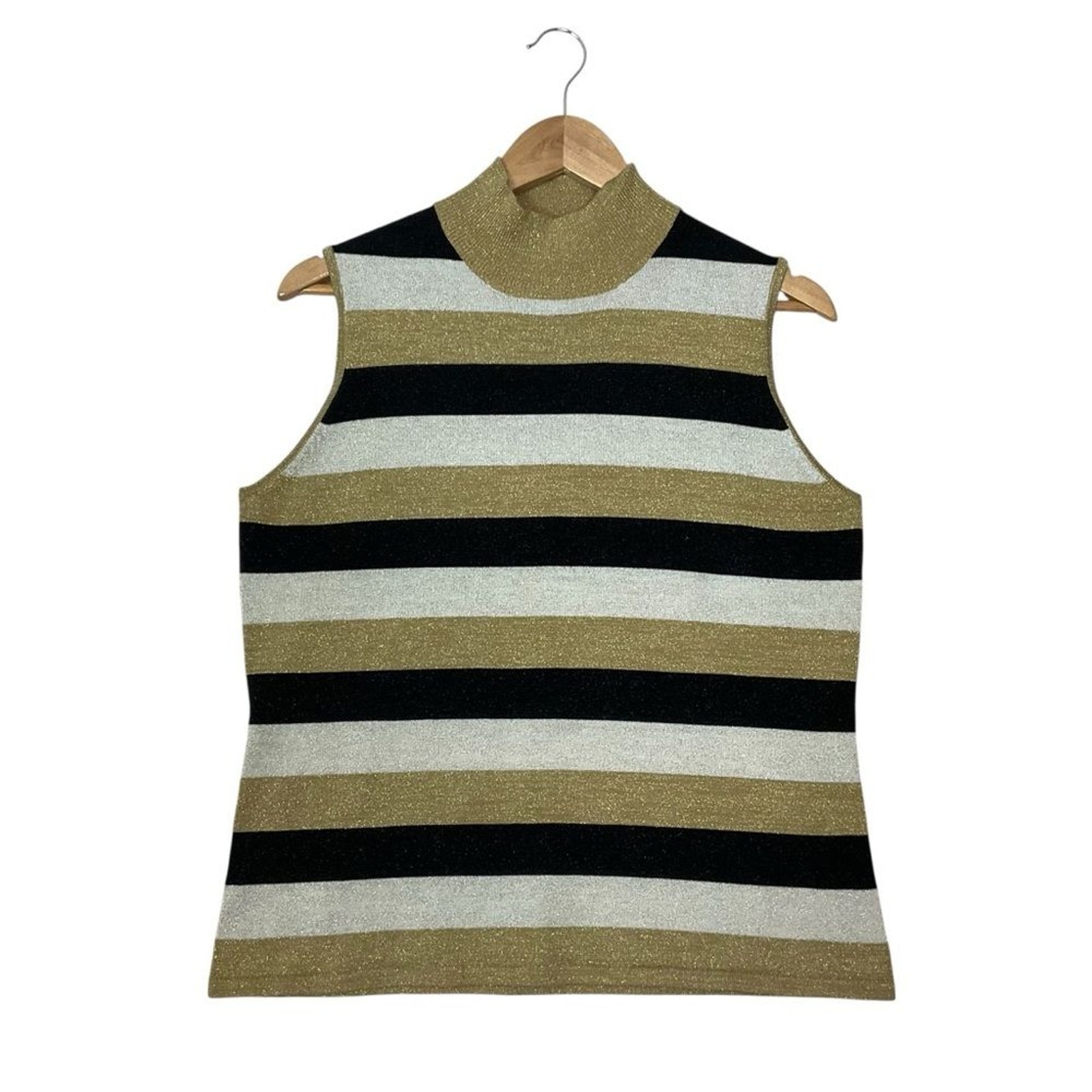 retro vtg Mock Neck Sleeveless Top Metallic Stripes Black Gold Cream Hong Kong