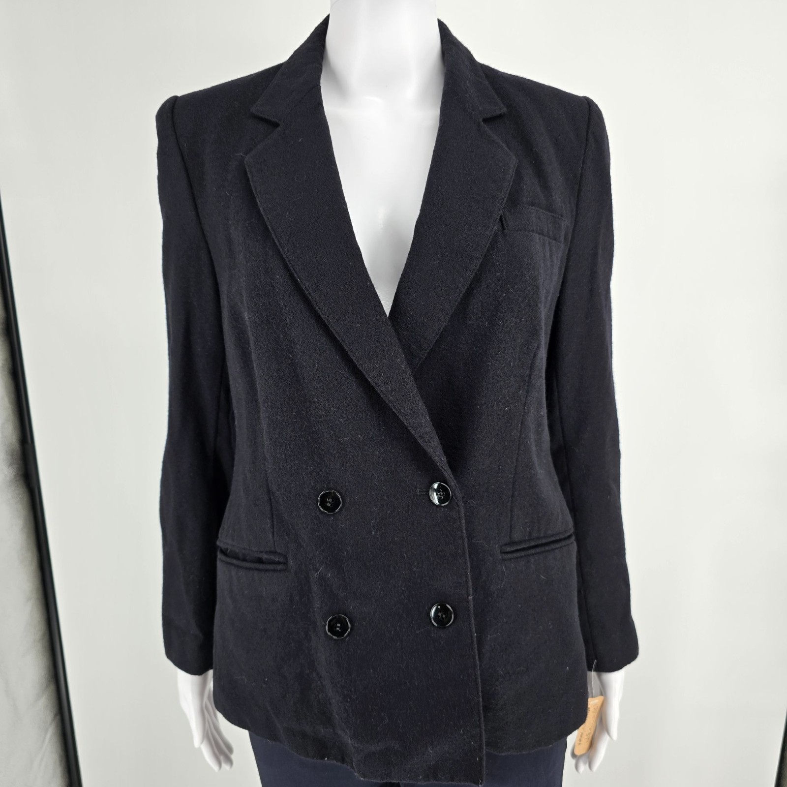 Vintage 1980s Haberdasher Women’s Black Double-Breasted Wool Blazer (Small)