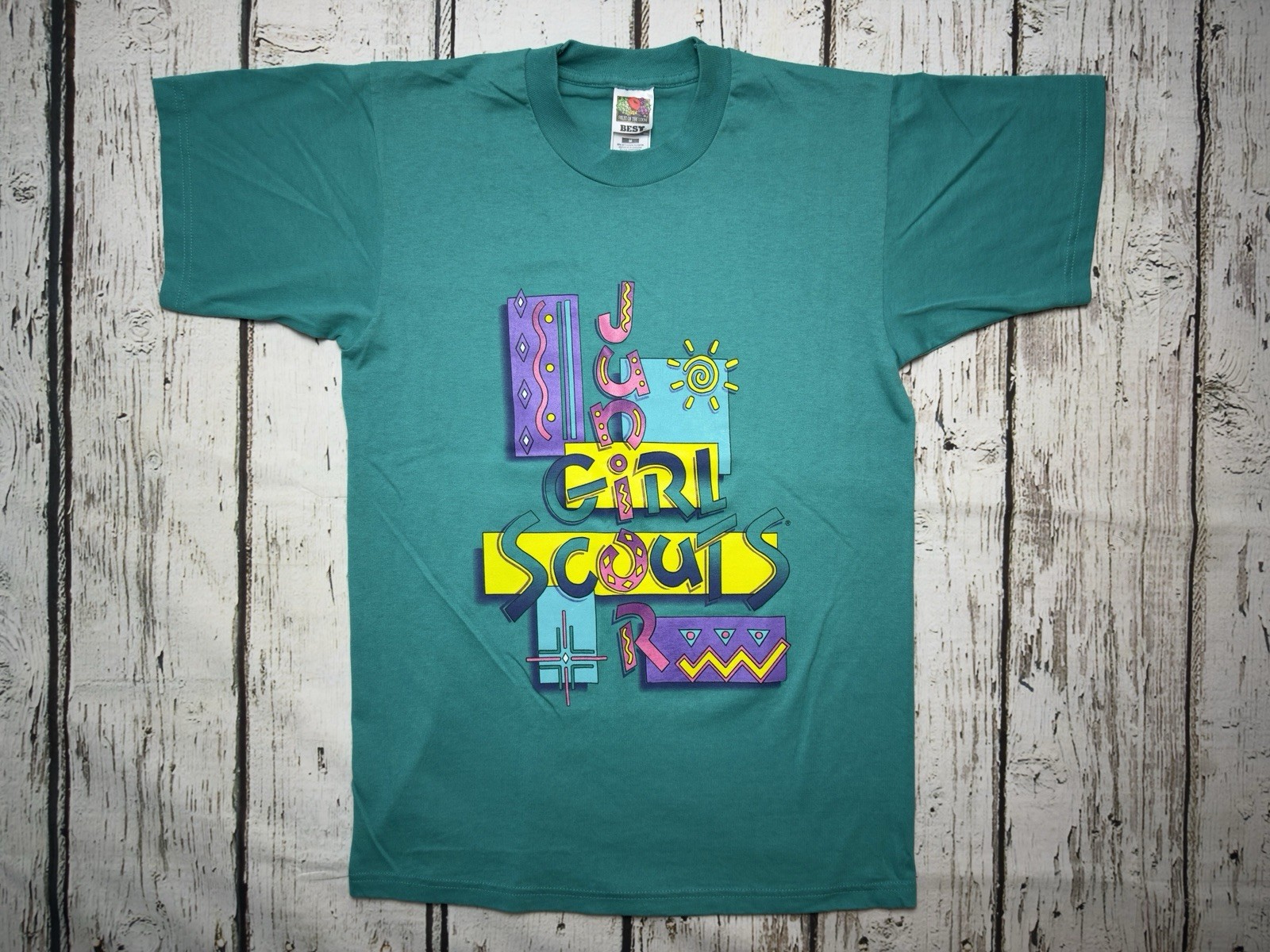 VTG Junior Girl Scouts GSA 1990s Graphic Print Teal Women’s Short Sleeve T-Shirt