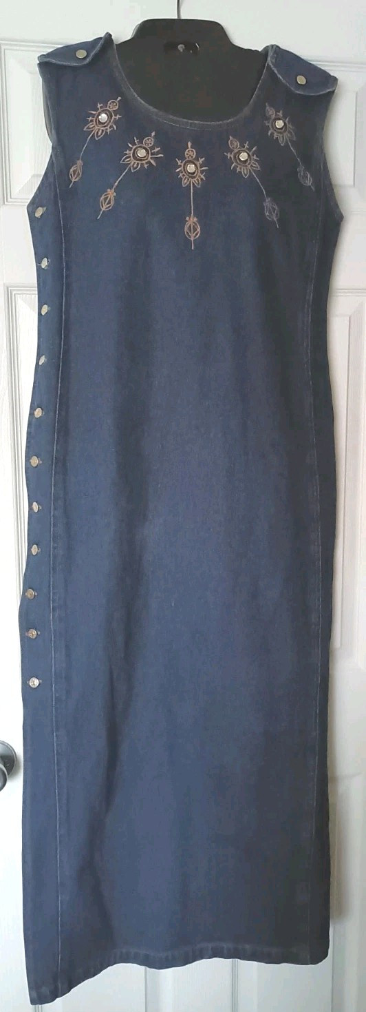 Vintage Molato Jean Maxi Dress Sz Large Denim Embroidered Cottage 90s Boho Chic