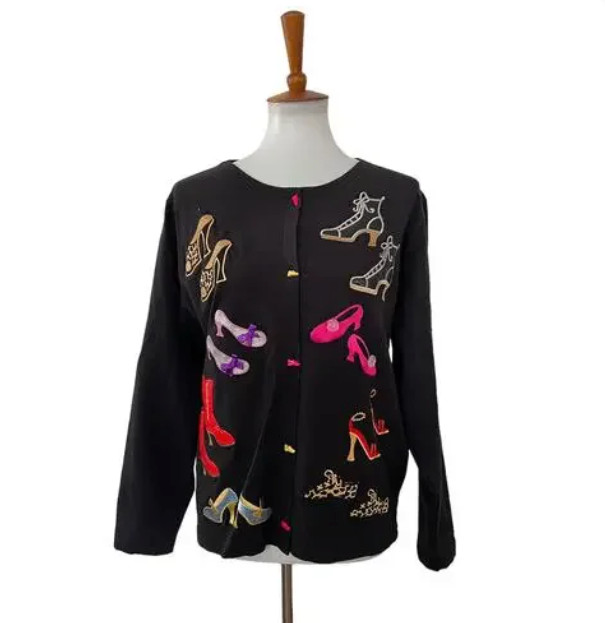 VINTAGE Bellepointe Button Up Cardigan Sweater Embroidered Shoes Black Large