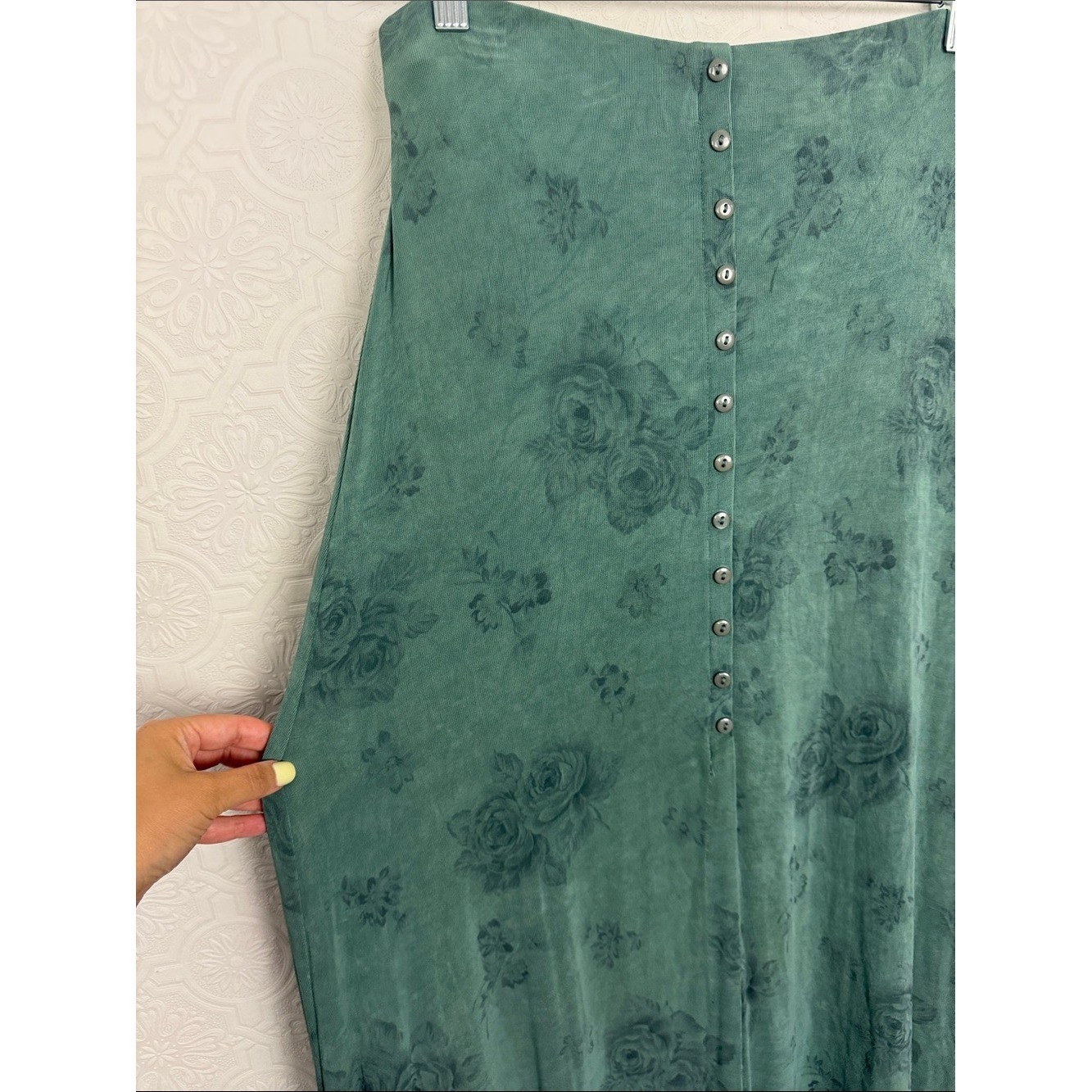 Vintage 80s 90s Jaipur Floral Maxi Skirt Green Button up Cottagecore Boho Medium