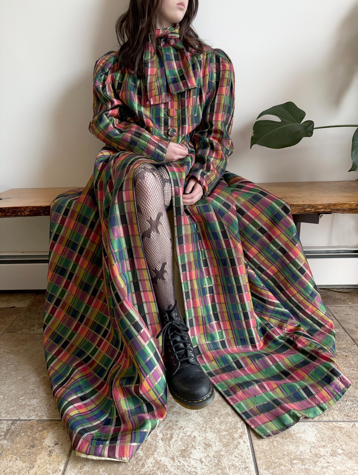 Vintage 1930s RARE Rainbow Silk Plaid Coat Mutton Sleeves Full Skirt Fancy Party