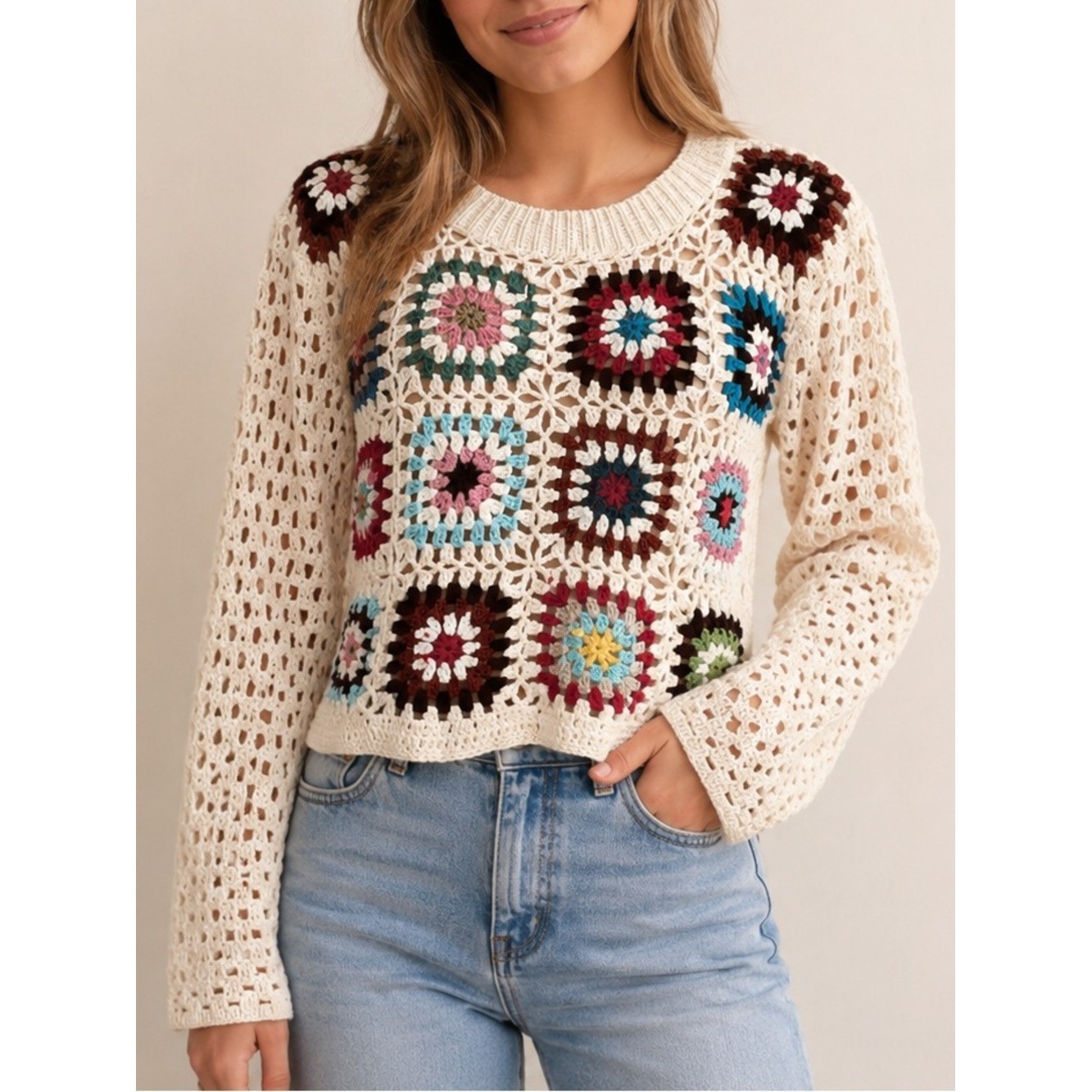 Luna Ivy Granny Square Crochet Crop Sweater Cream Multicolor Boho Size Small