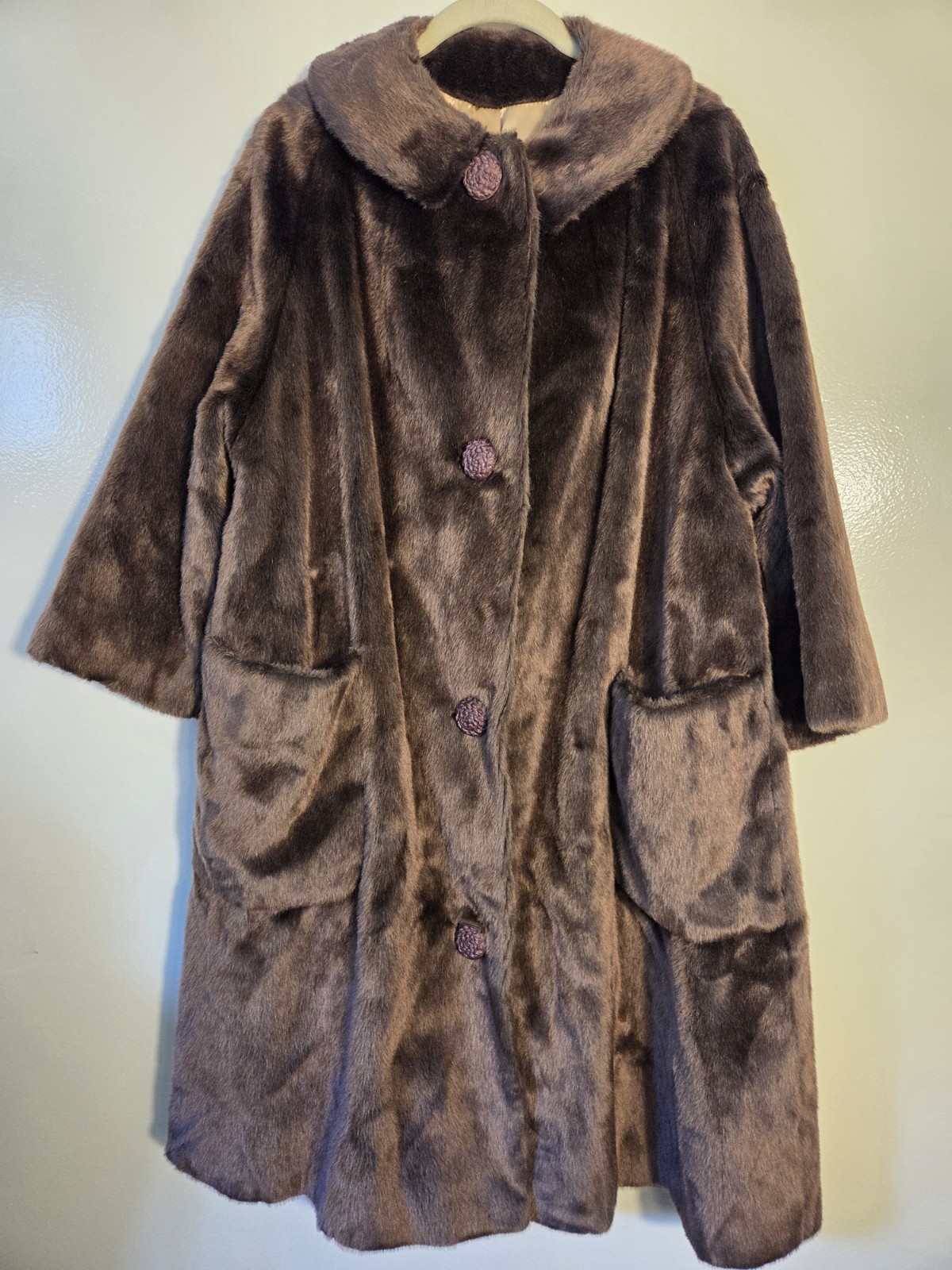 Vtg 50s 1950s Brazotta Sportowne Long Coat Brown Faux Fur Pockets Womens XL XXL