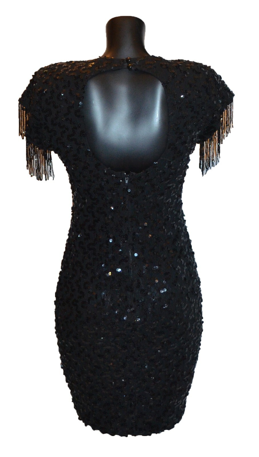 De Laru Vintage 80s Black Sequin Beaded Fringe Party Prom Club Dress sz S
