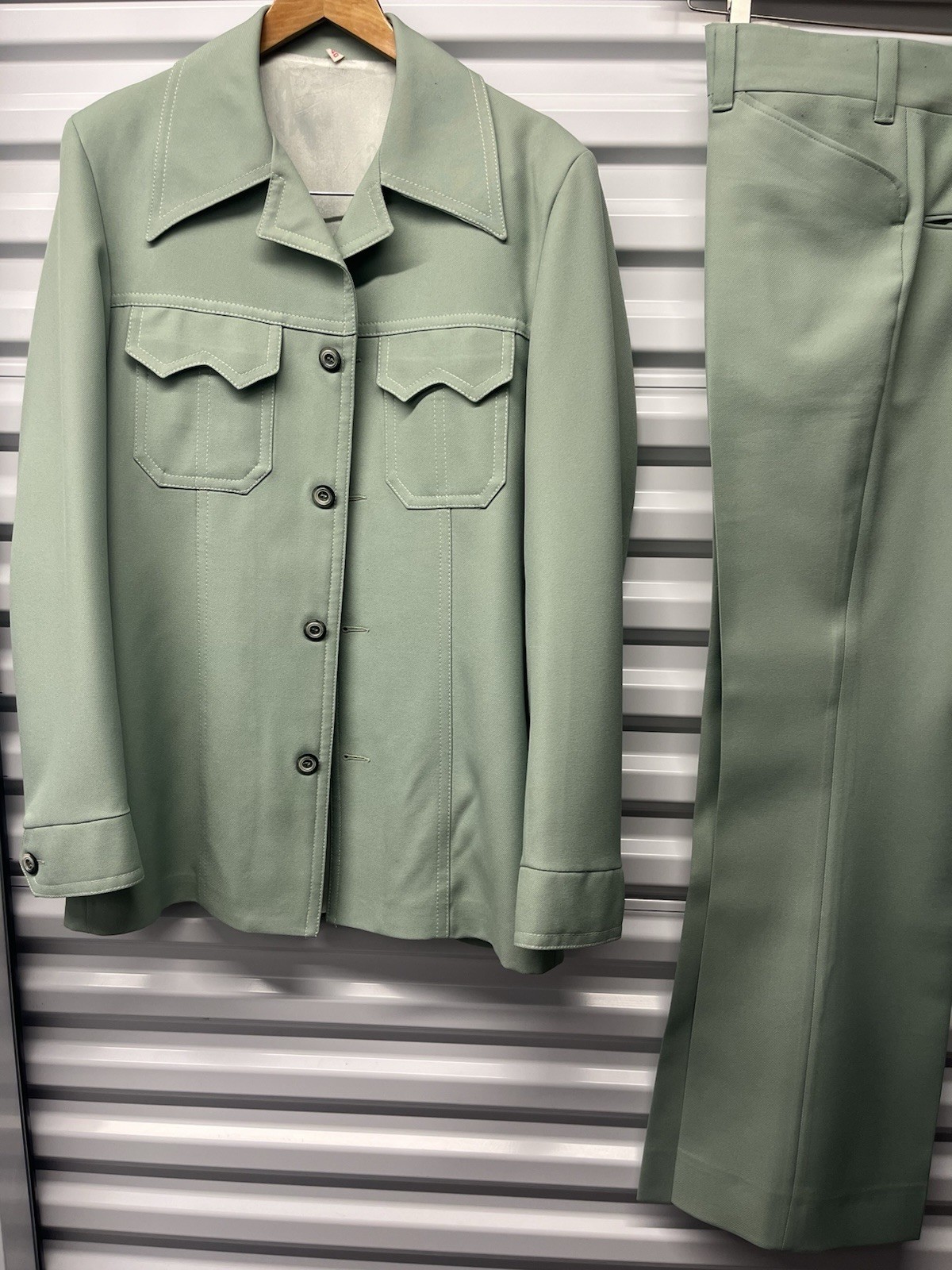 70’s John Pomer Bright Green Bell Bottom Big Collar Two Piece Suit Vintage