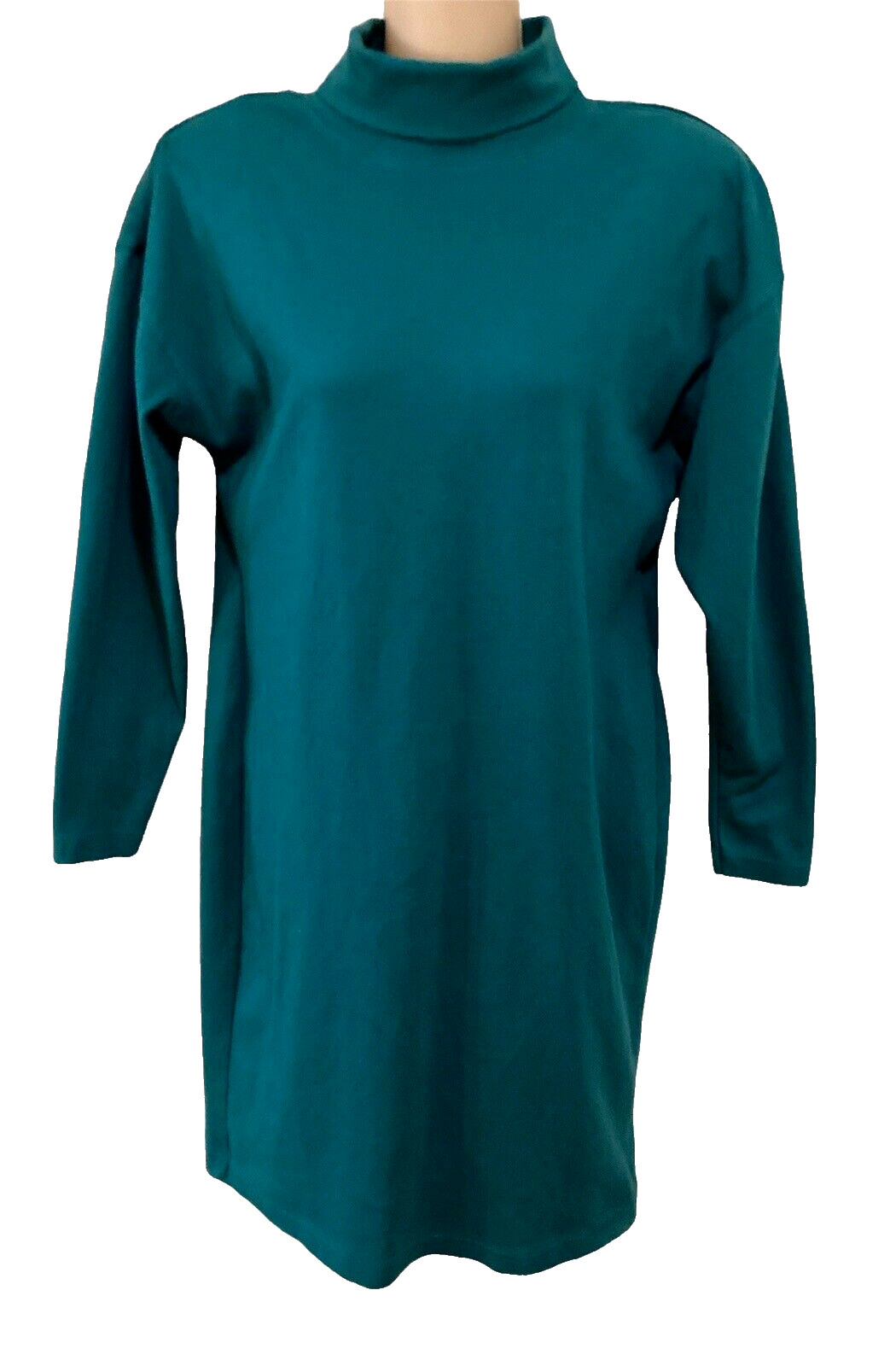 Vintage Fads Dark Aqua Green Turtleneck L/S Cotton Dress Size Large Shoulder Pad