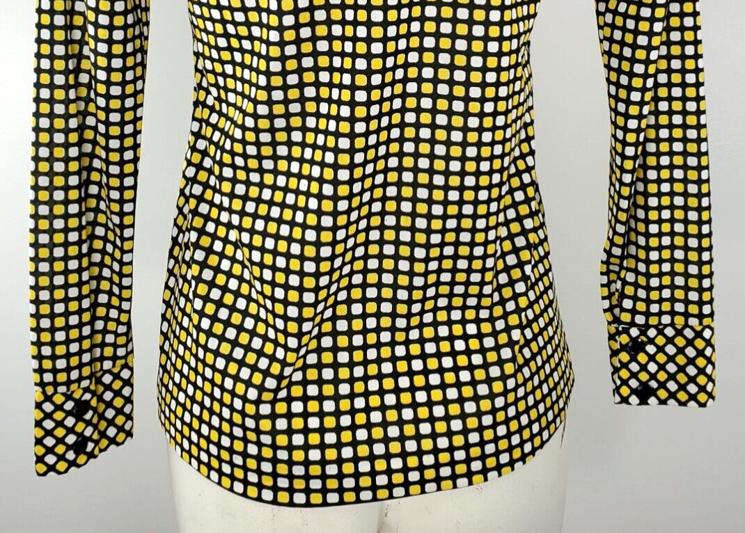 Vintage Alex Colman Top – Size 10 – Black, Yellow, & White Print