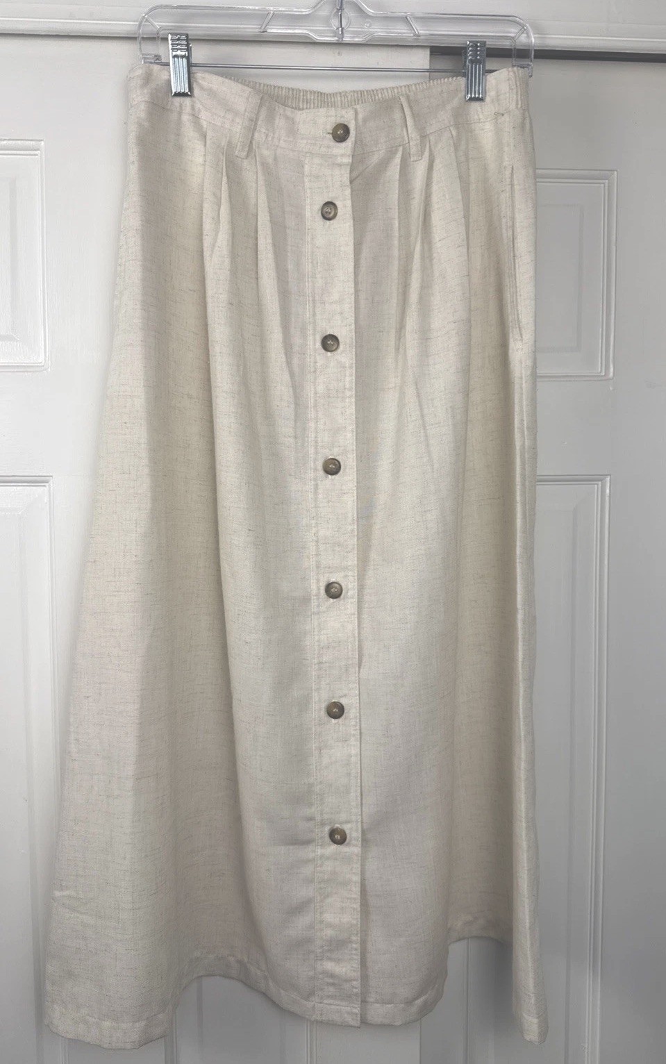 Vintage 70’s Aline Button Up Skirt Size 12 Pockets Beige White Preppy Coastal