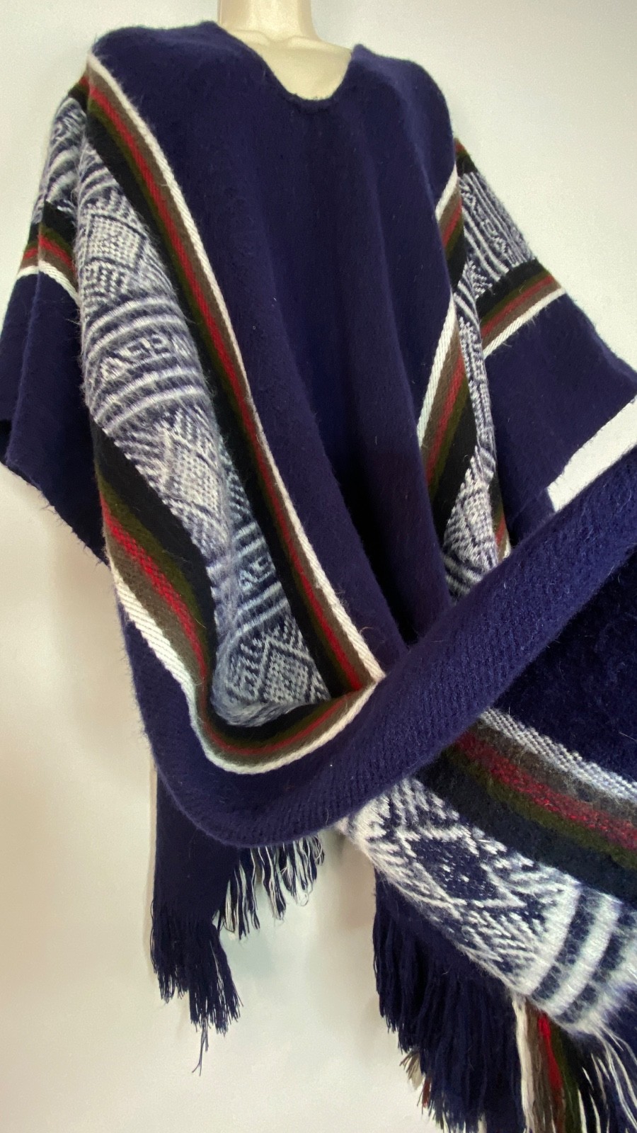 Vintage 1970s blue alpaca wool poncho long striped fringe unisex boho blanket