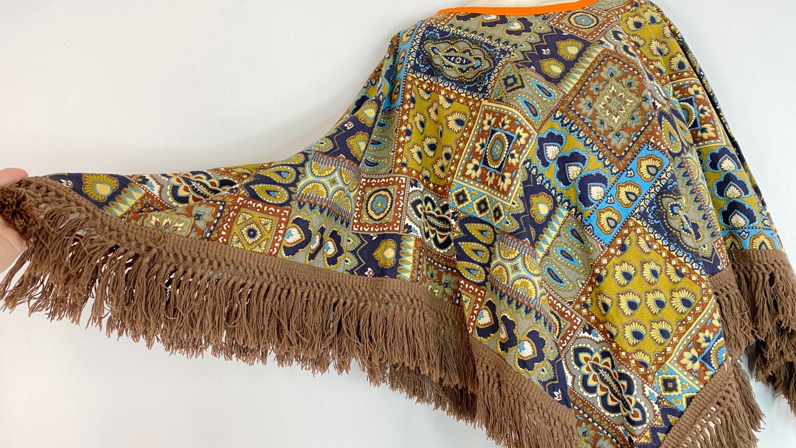 Vintage 1970s patchwork poncho OSFM pullover fringe brown blue mustard cotton