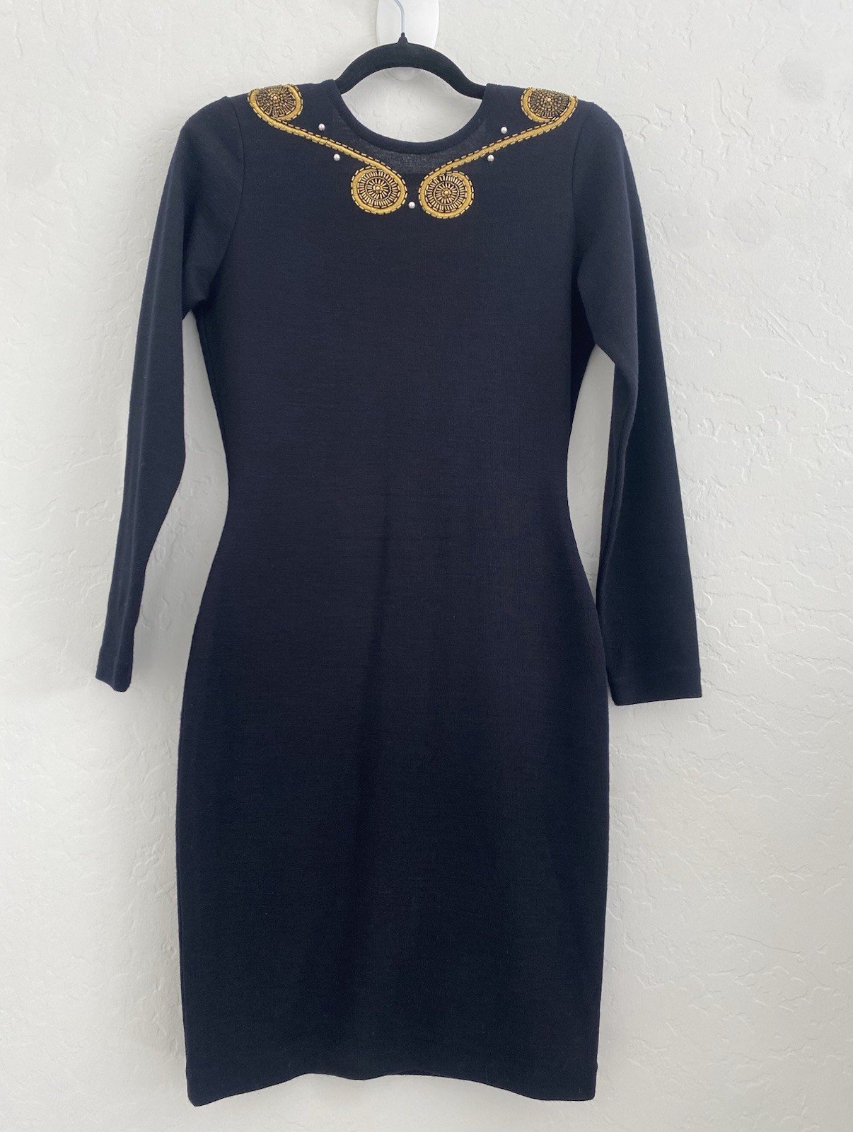 Fusion vintage 80s dress women Sz P black/Gold embroidery Knit Evening Night Out