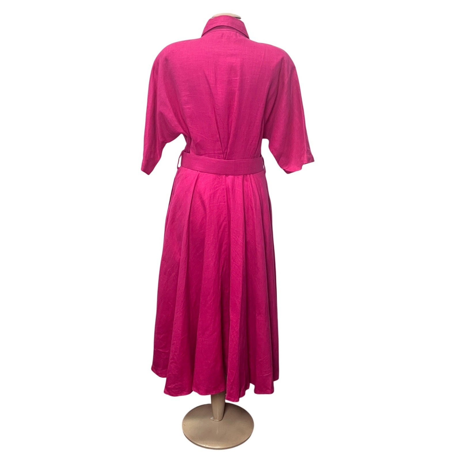 Carole Little Vintage Fuchsia Pink 100% Linen Belt Midi Shirt Dress 8 Circle 90s