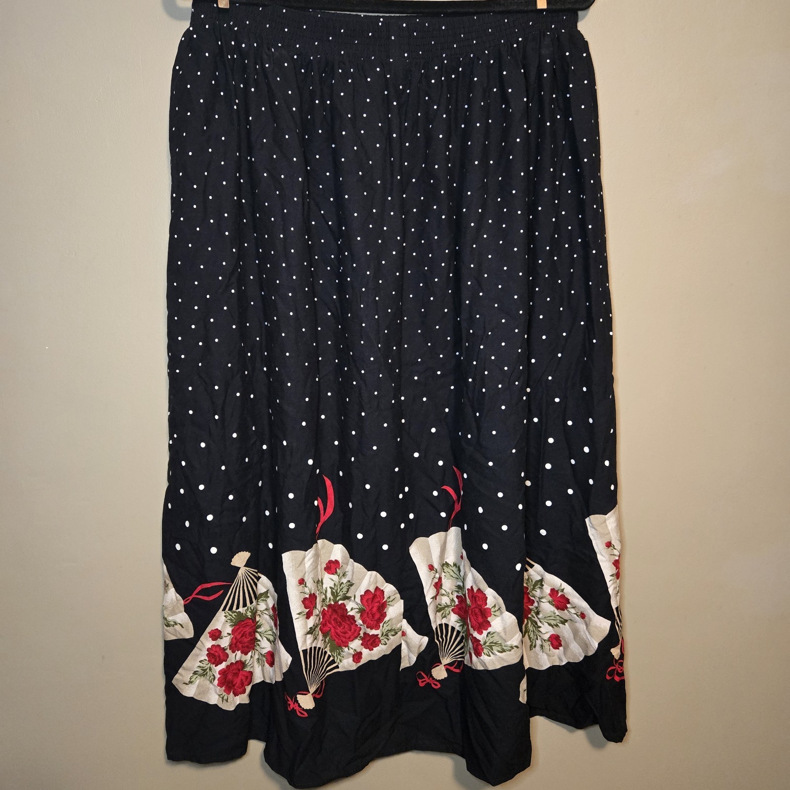 Vintage California Connection Inc. Black Maxi Skirt Floral Fan Elastic 32″ Waist