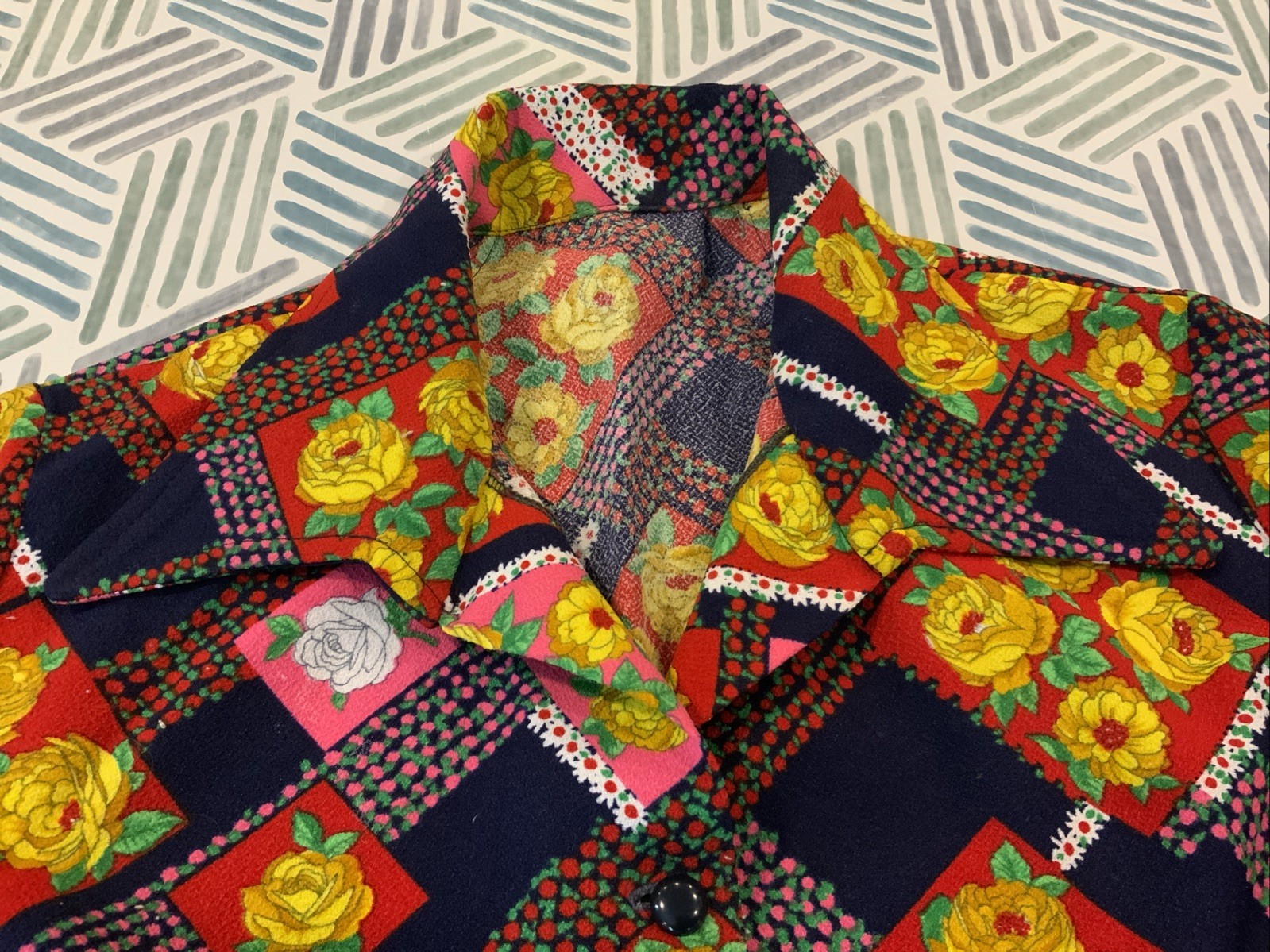 Vintage 50s Style Women’s Collar Button Up Shirt Homemade Black Floral Sz 14