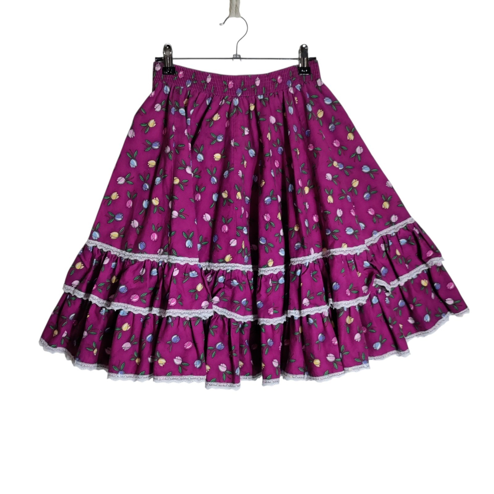 Malco Modes Vintage Purple Floral Square Dance Skirt Lace Trim Tiered Cotton S
