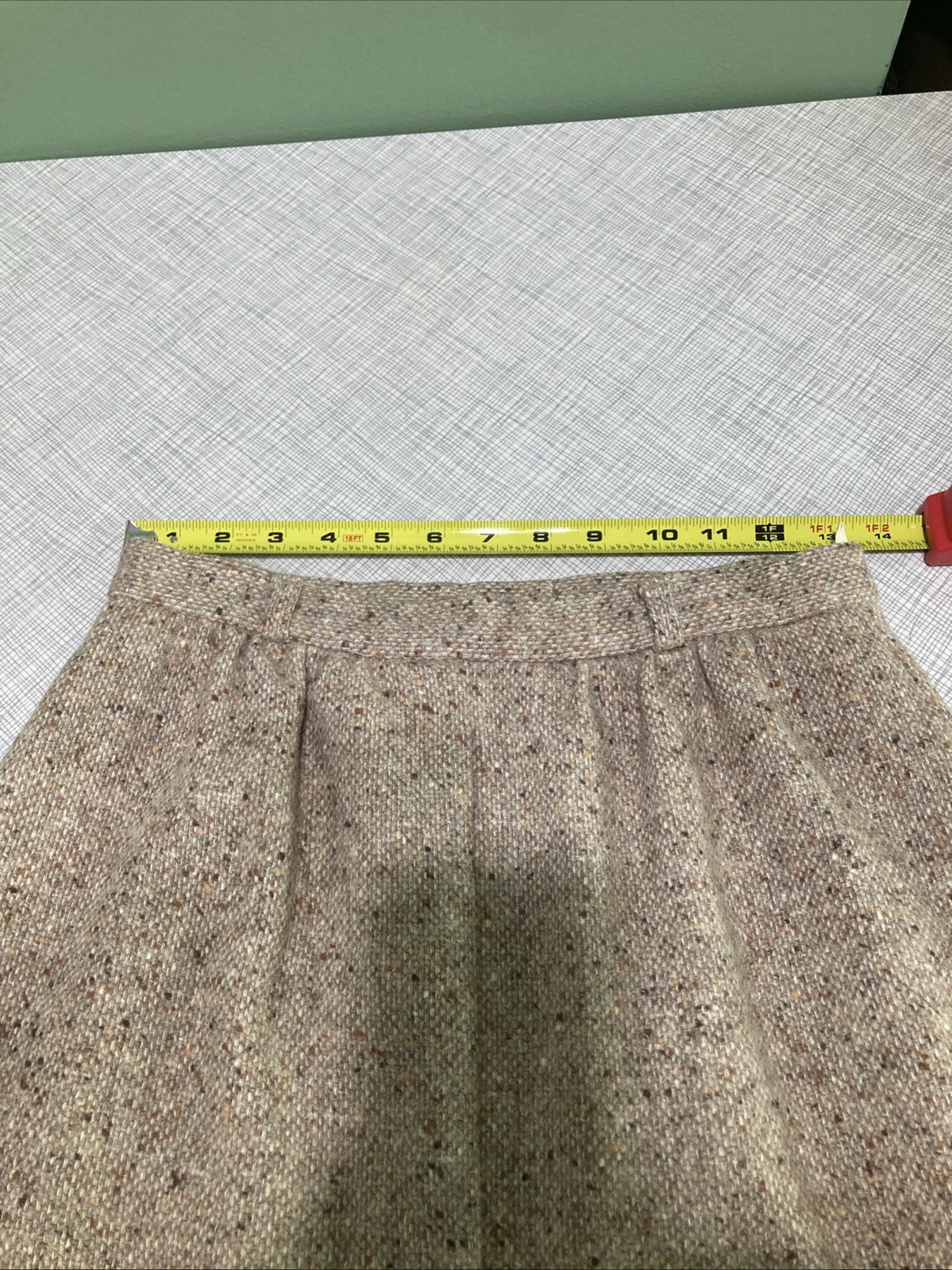 Vintage 70s John Meyer Tweed Midi Skirt Ribbon Hem Beige Wool Blend Size 12
