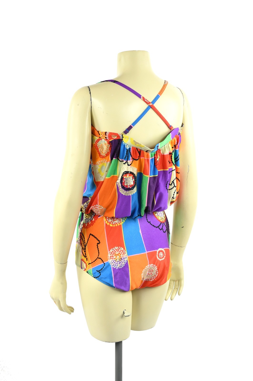 Vintage 70s Gottex Rainbow Abstract Floral Print Blouson Bathing Suit Swimsuit L