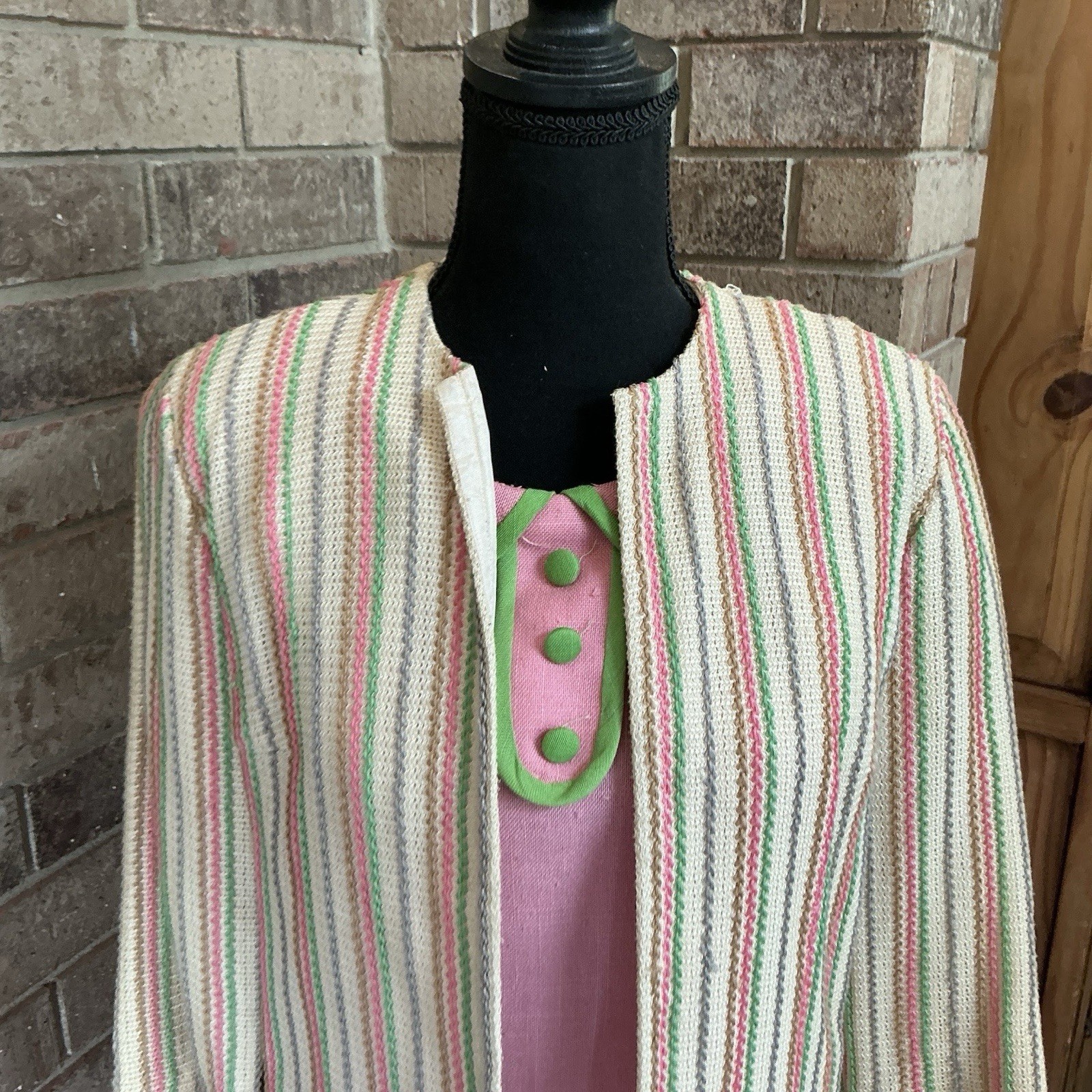 60s VTG Judy Wayne Pink Silk Viscose Dress Stripe Tweed Jacket Set Size 10 #39D7