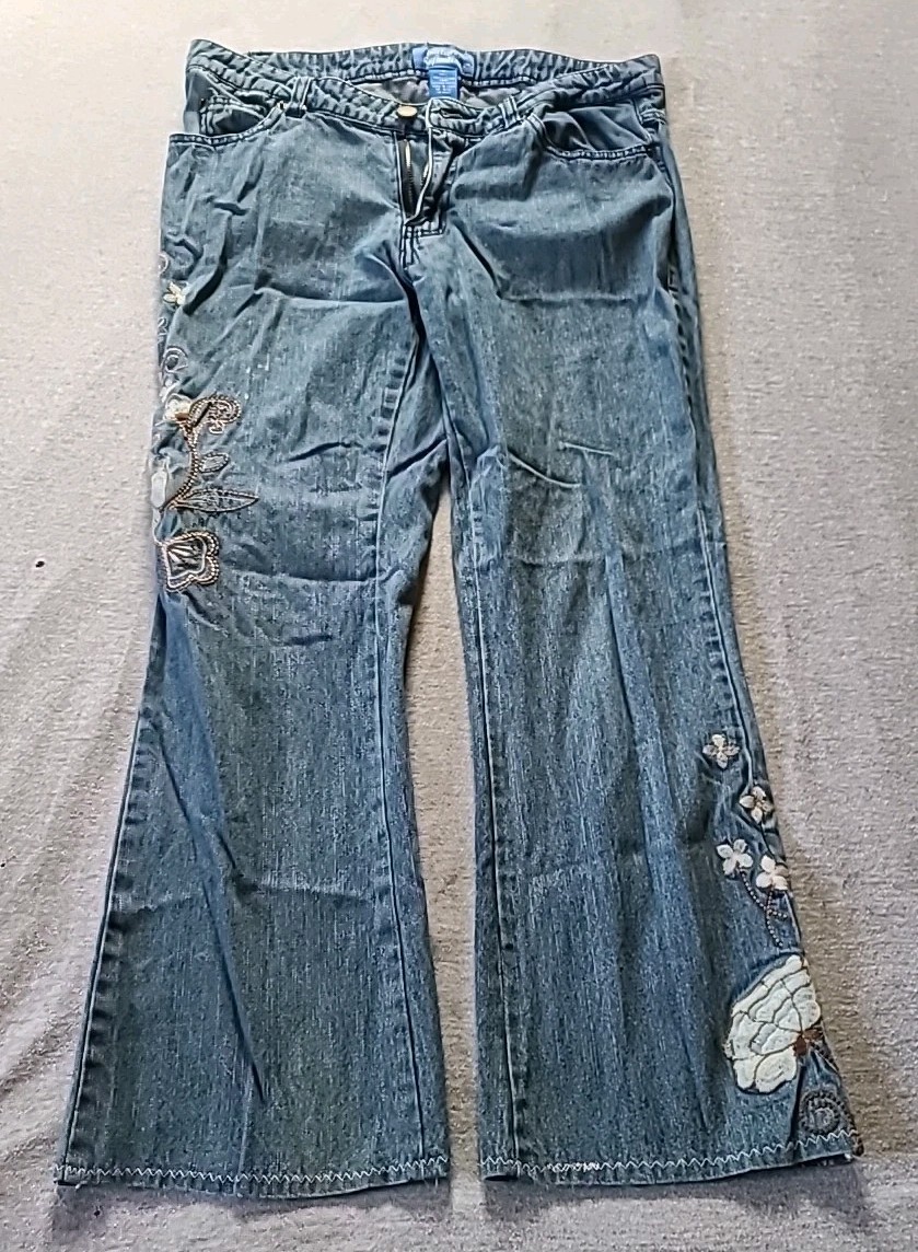 Y2k Jeans Ladies VINTAGE Sz6 Natural Reflections FLARE LOW RISE Embroidery