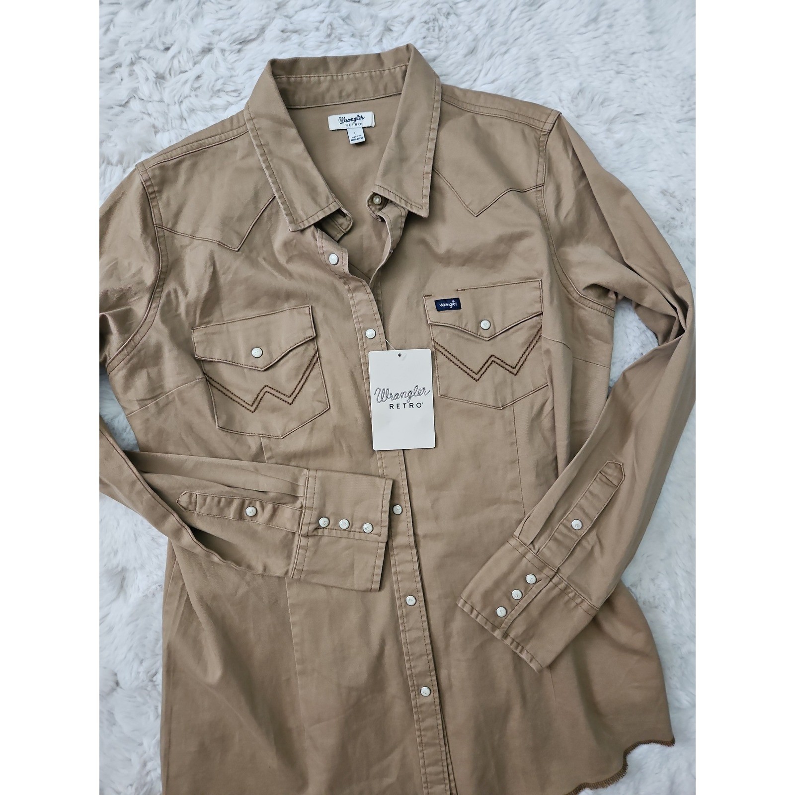 Wrangler Retro NWT Western Pearl Snap Shirt L Tan Khaki Cowgirl Ranch